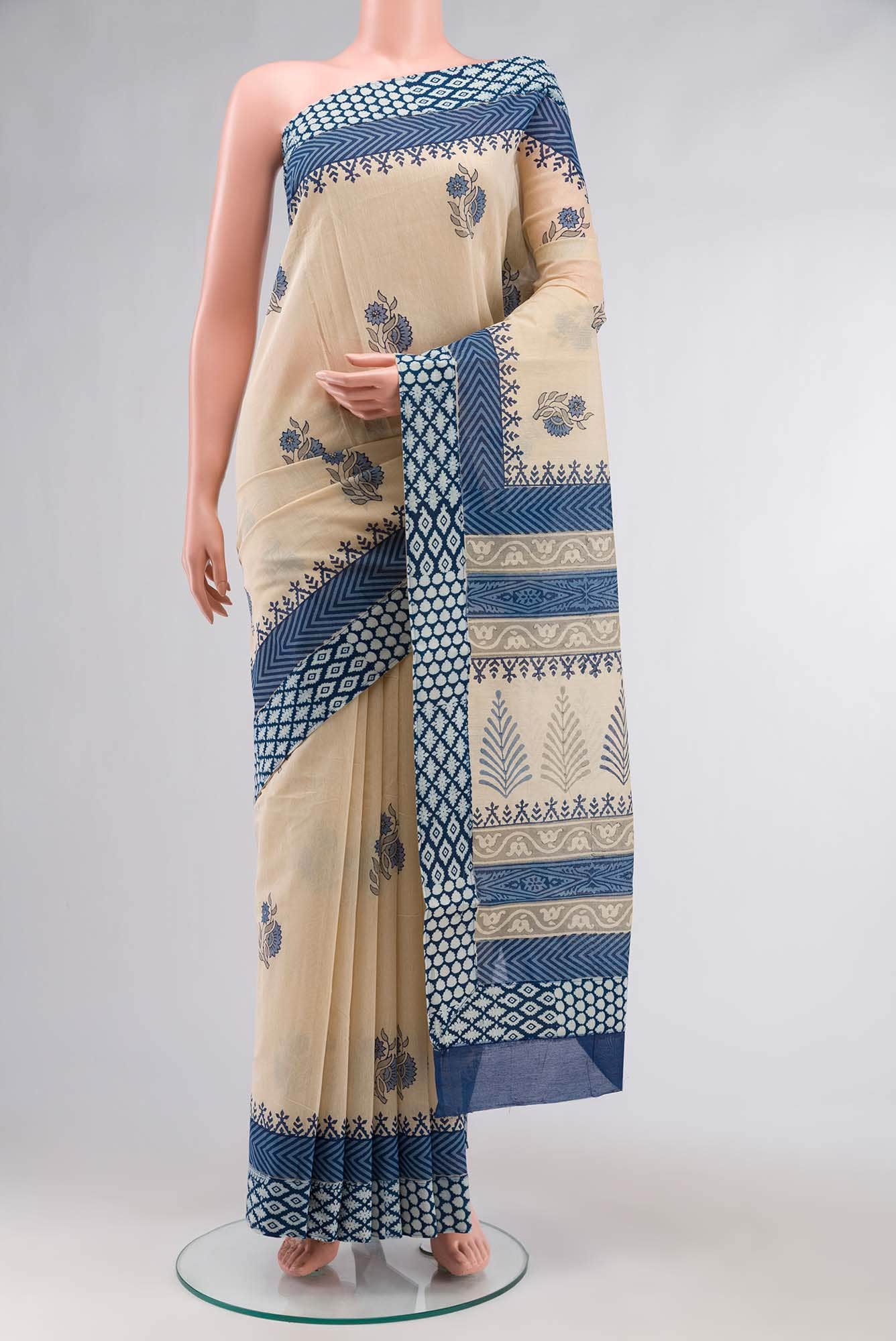 Cream Printed Butta Silk Cotton Saree
