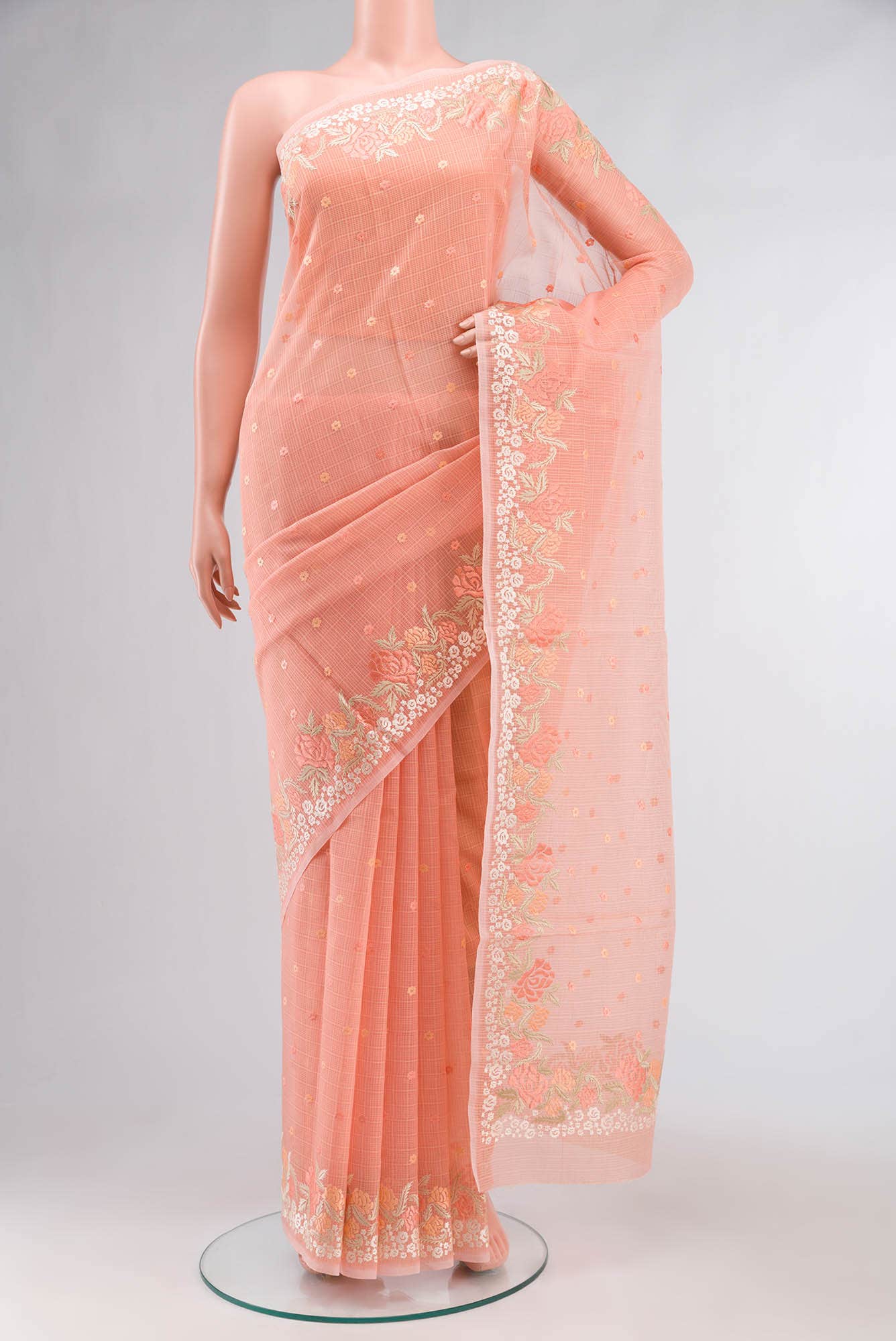 Peach Kota Cotton Saree with Thread Border