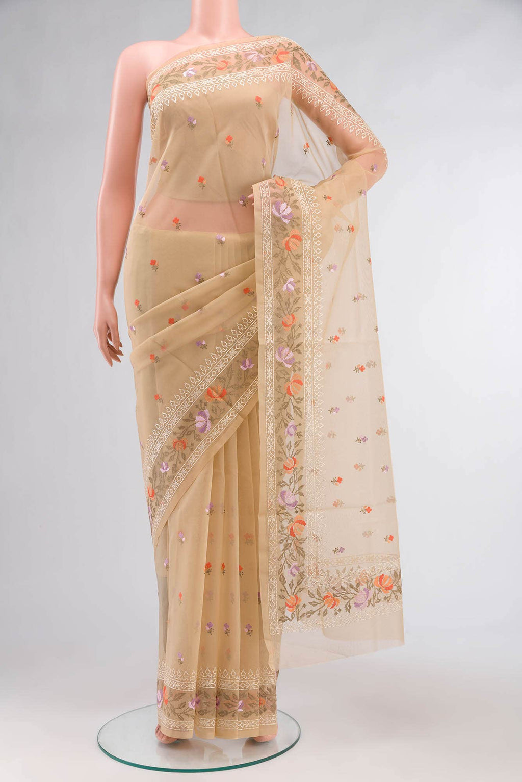 Beige Embroidered Kora Cotton Saree