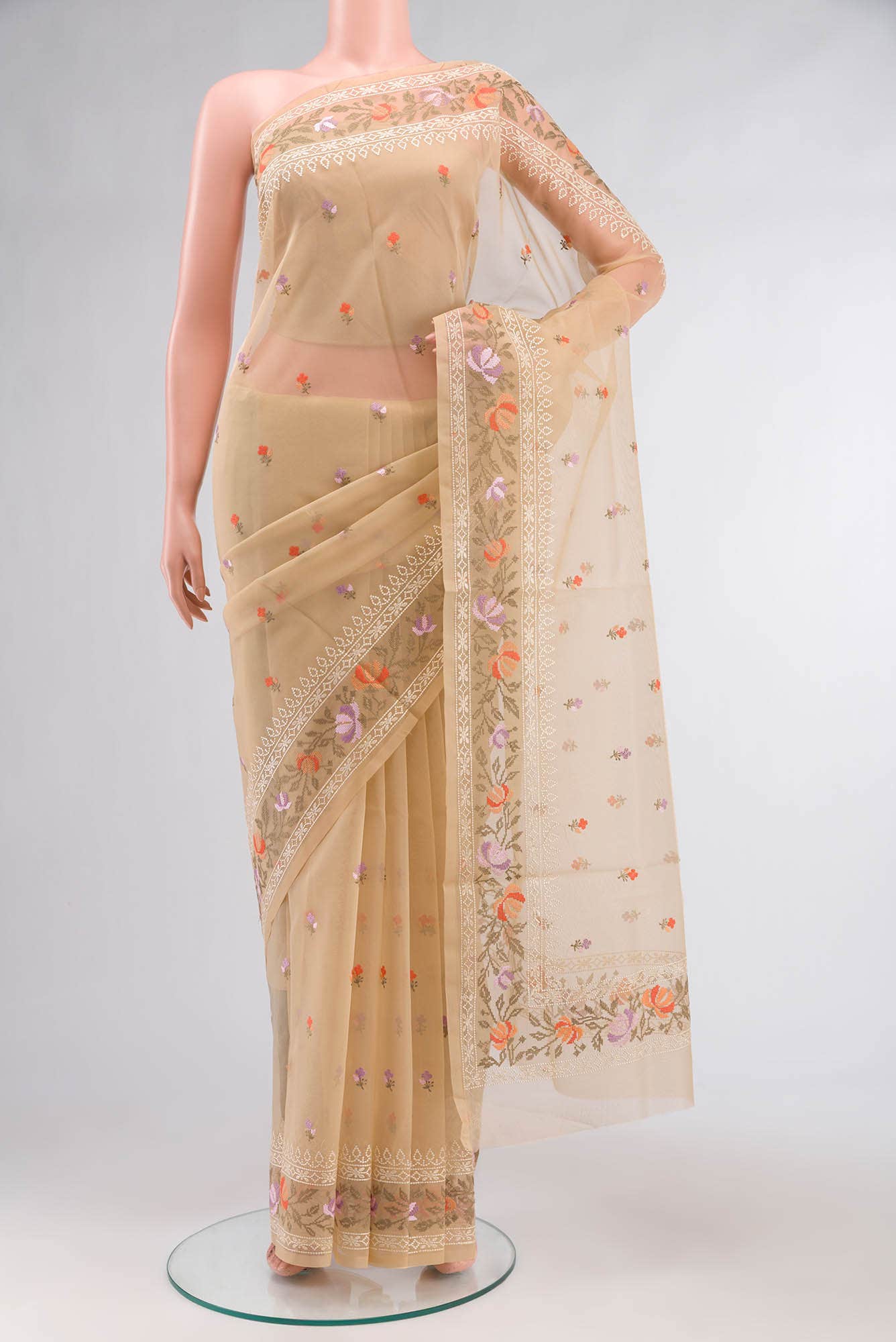 Beige Embroidered Kora Cotton Saree