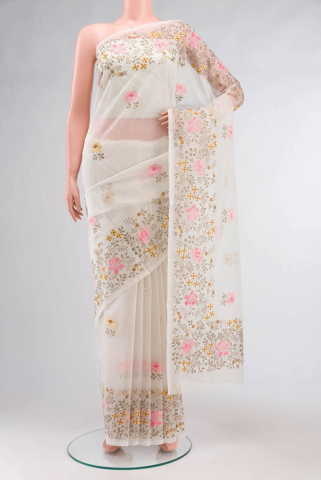 Off White Embroidered Kota Cotton Saree