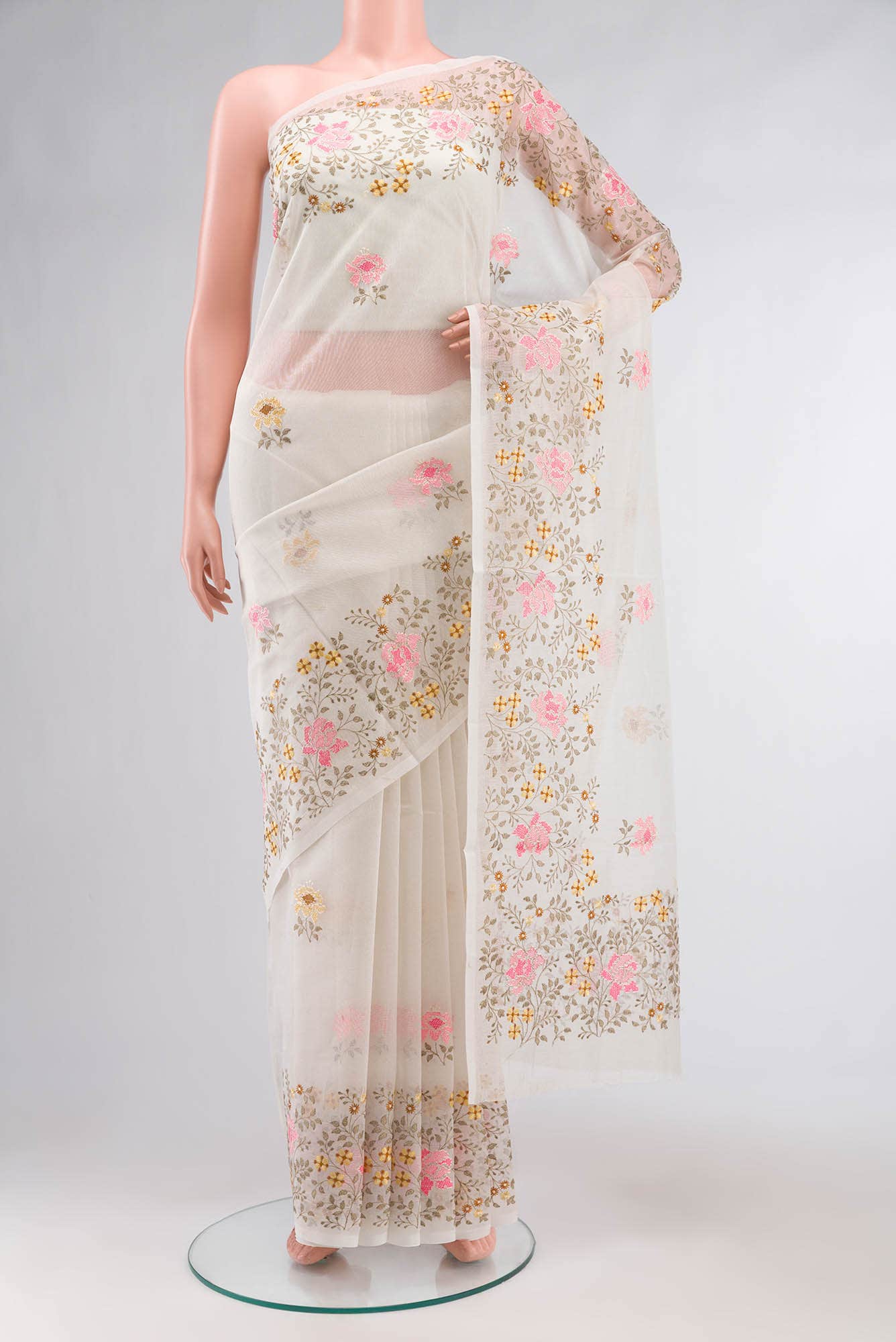 Off White Embroidered Kota Cotton Saree