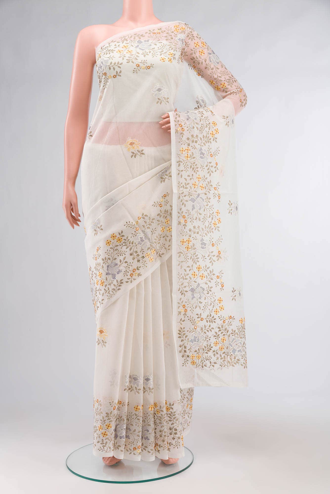 Off White Embroidered Kota Cotton Saree