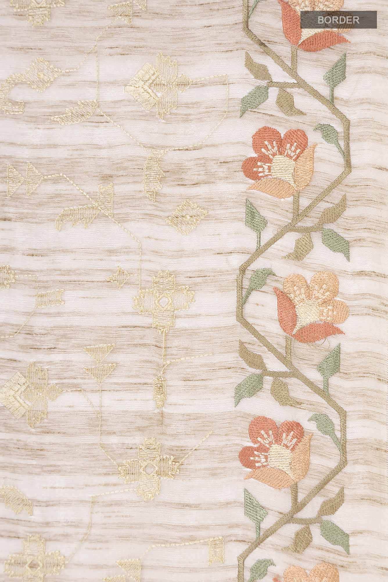Beige Embroidered Tussar Silk Saree