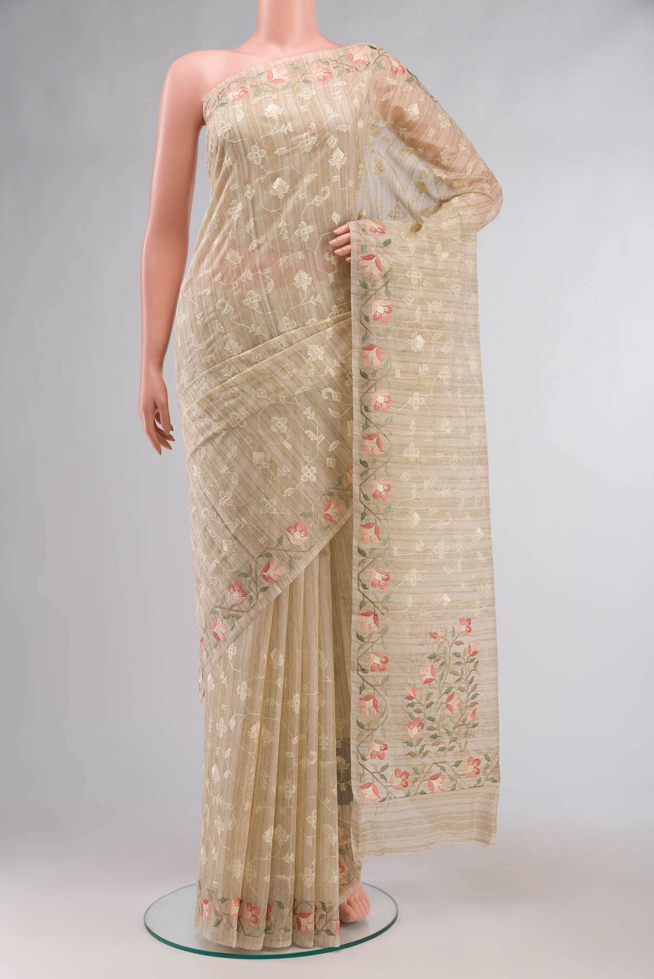 Beige Embroidered Tussar Silk Saree