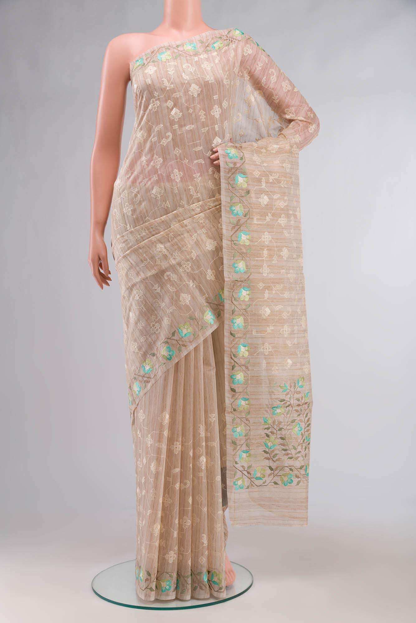 Beige Embroidered Tussar Silk Saree