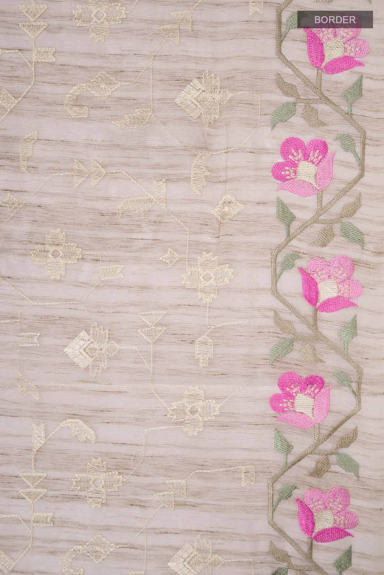 Beige Embroidered Tussar Silk Saree