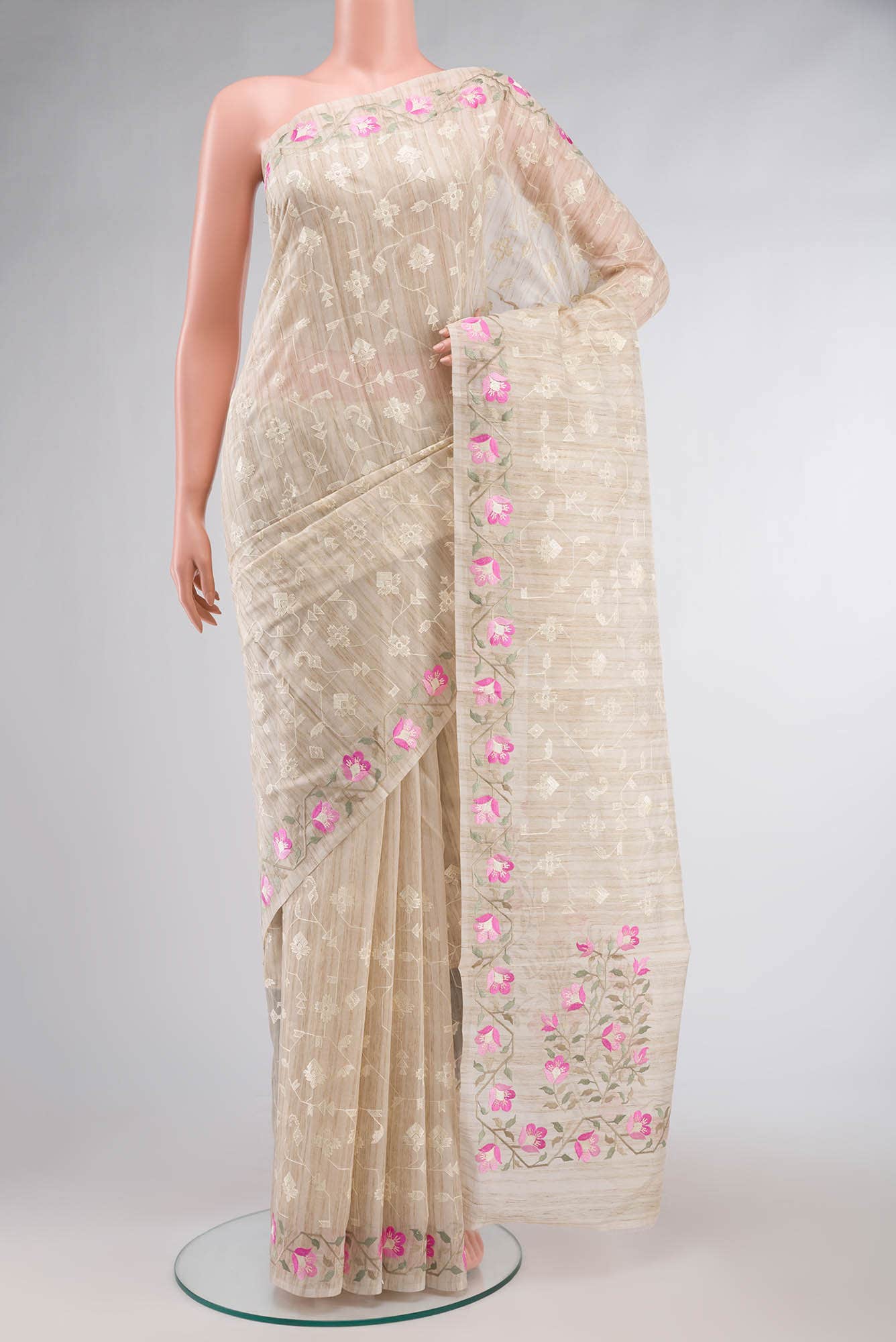 Beige Embroidered Tussar Silk Saree