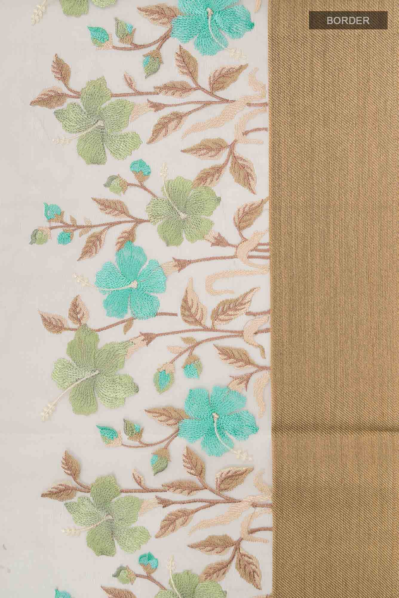 Green Embroidered Kora Cotton Saree with Contrast Border