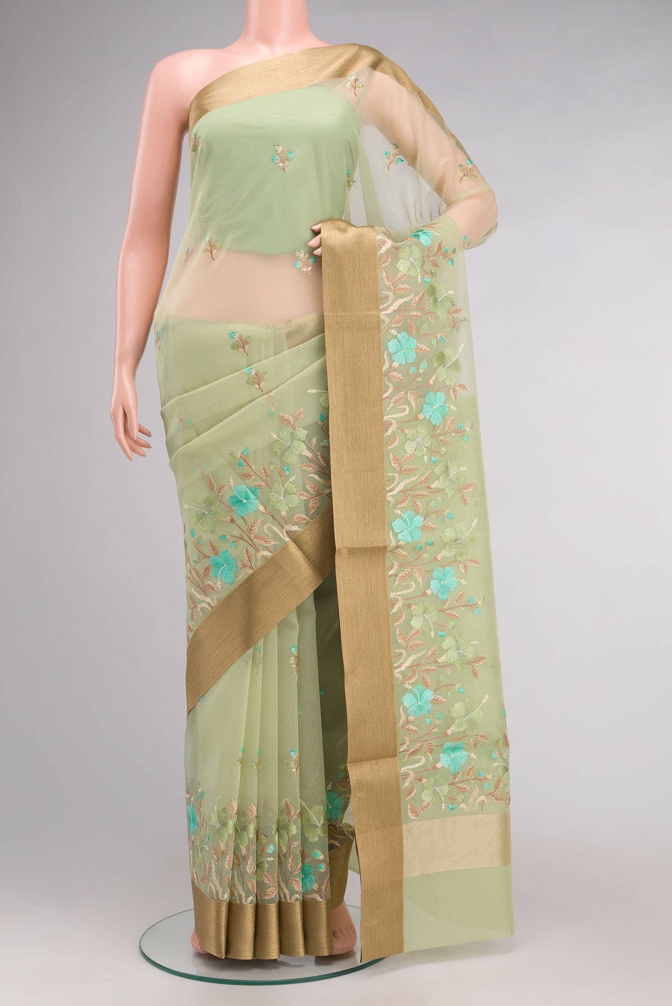 Green Embroidered Kora Cotton Saree with Contrast Border
