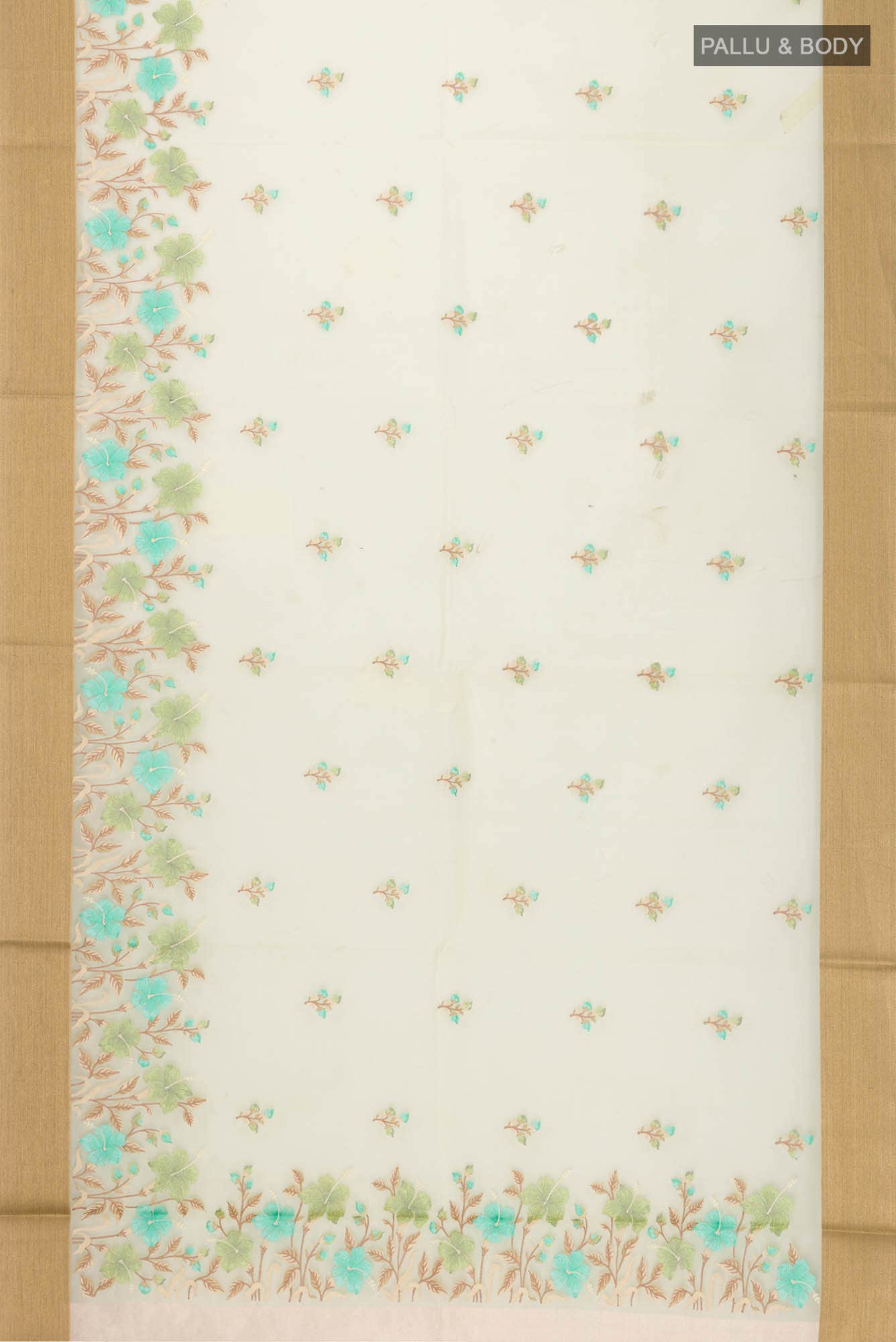 Green Embroidered Kora Cotton Saree with Contrast Border