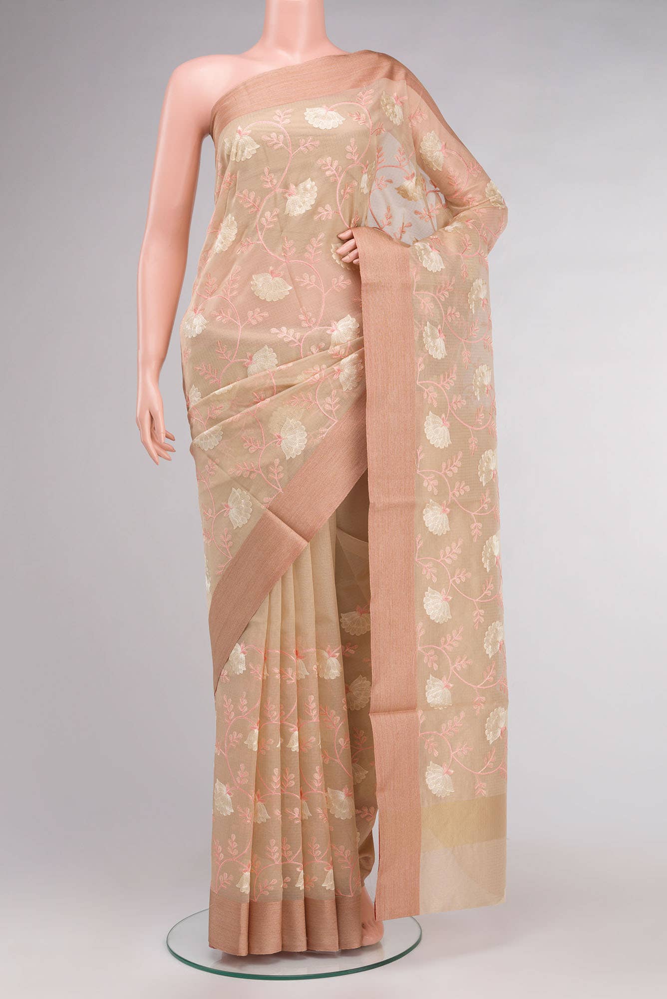 Gold Embroidered Kora Cotton Saree with Contrast Border