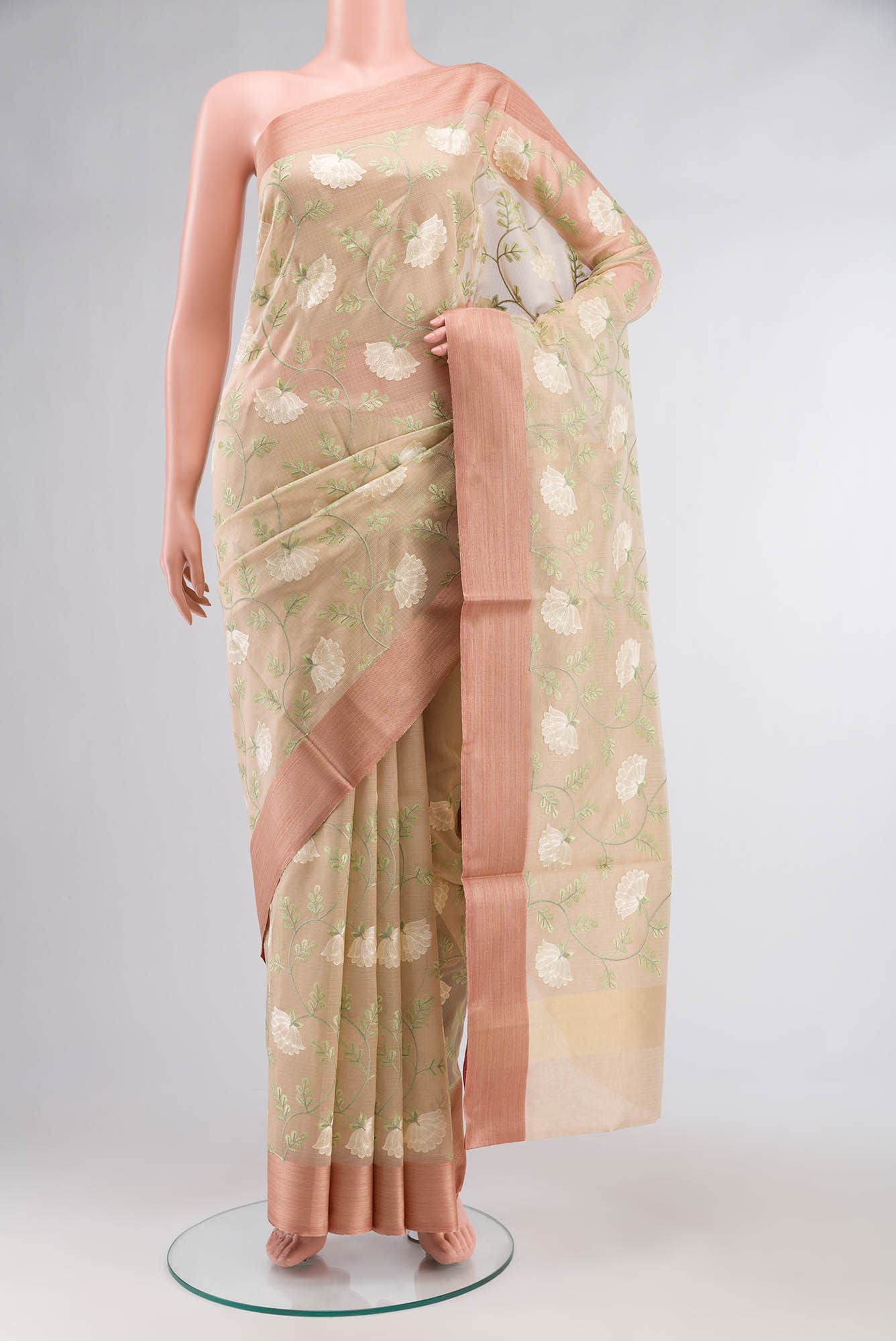 Gold Embroidered Kota Cotton Saree with Contrast Border