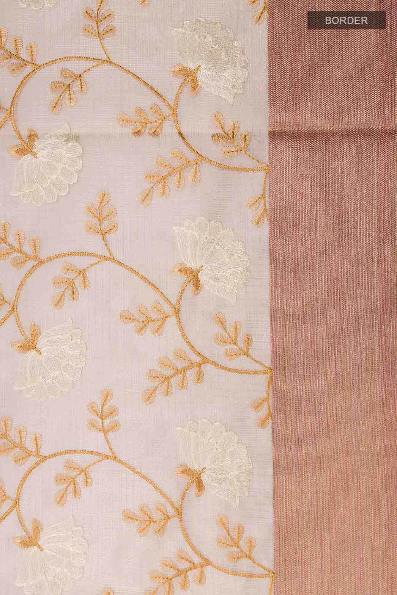 Beige Embroidered Kota Cotton Saree with Contrast Border