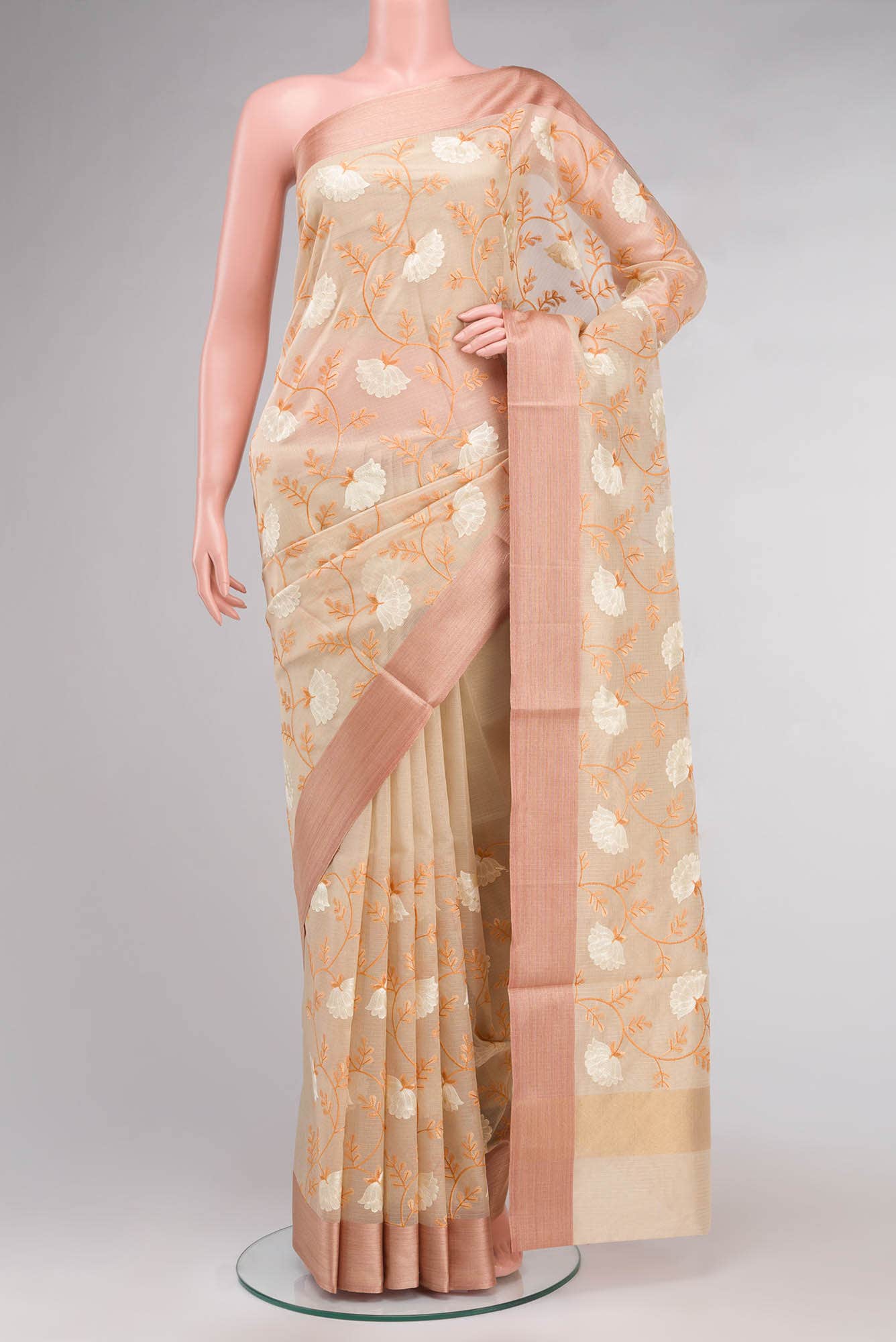 Beige Embroidered Kota Cotton Saree with Contrast Border