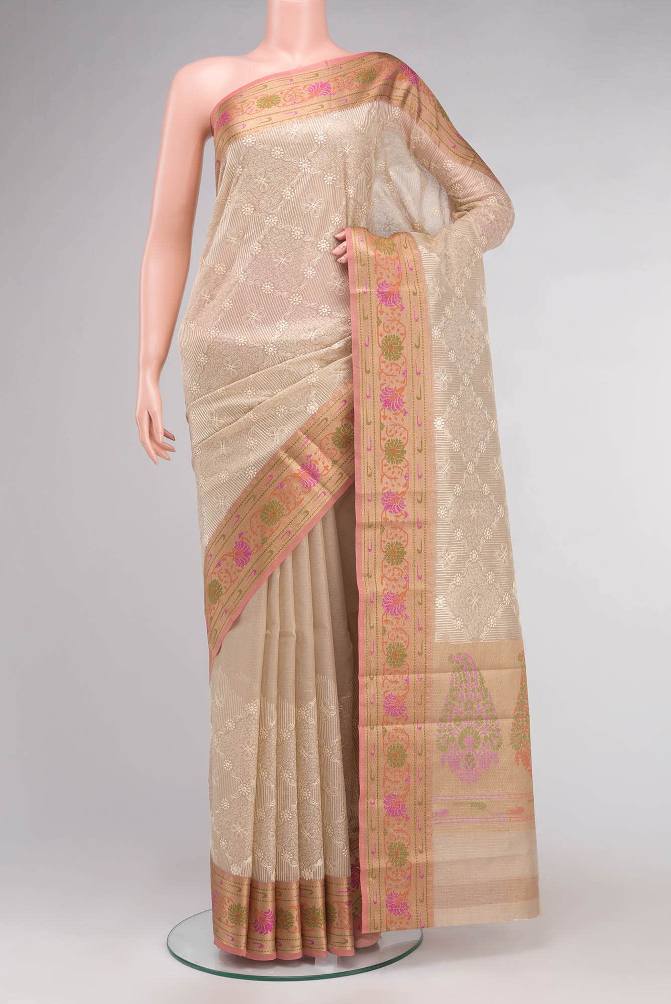 Beige Kota Cotton Saree with Contrast Border