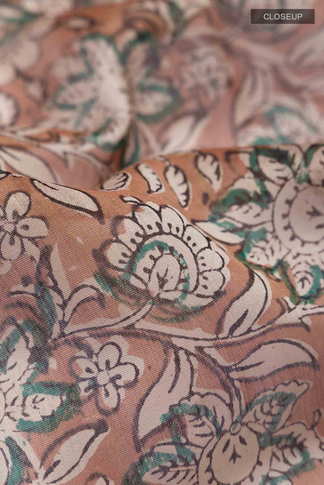 Beige Kalamkari Print Chanderi Silk Cotton Saree