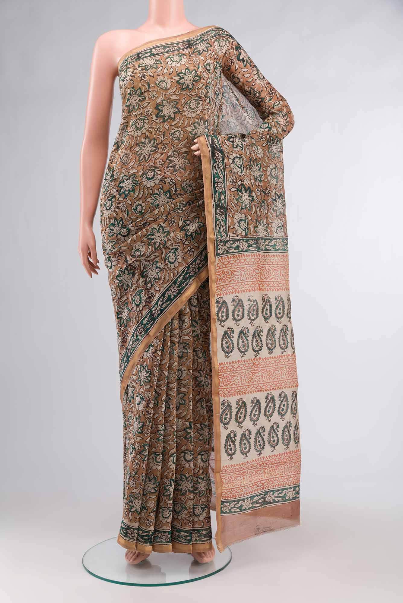 Beige Kalamkari Print Chanderi Silk Cotton Saree