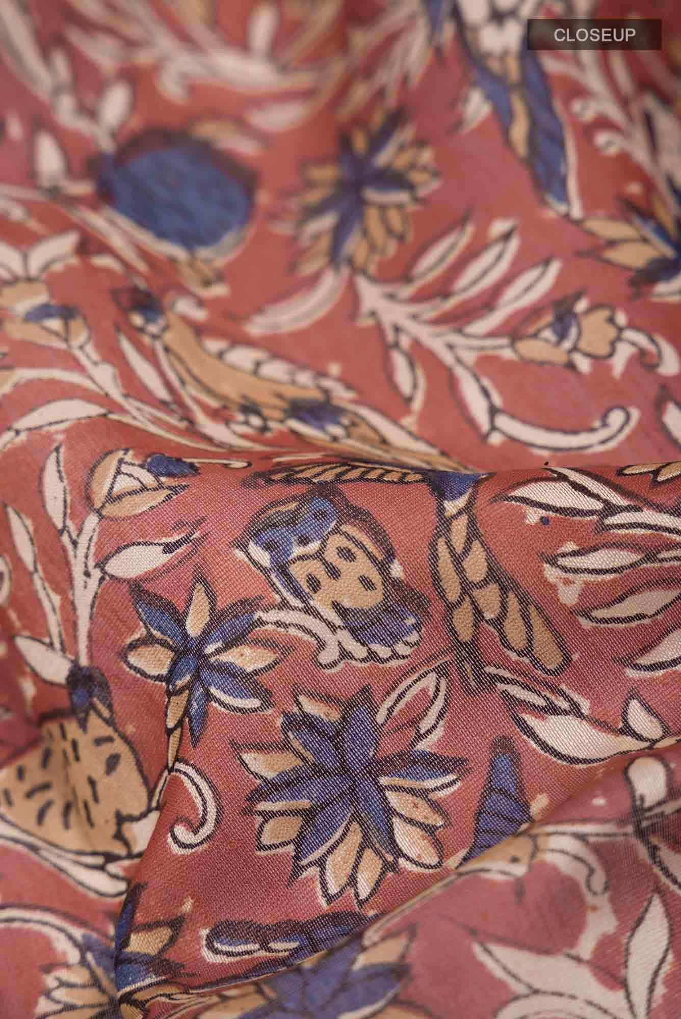 Maroon Kalamkari Print Chanderi Silk Cotton Saree