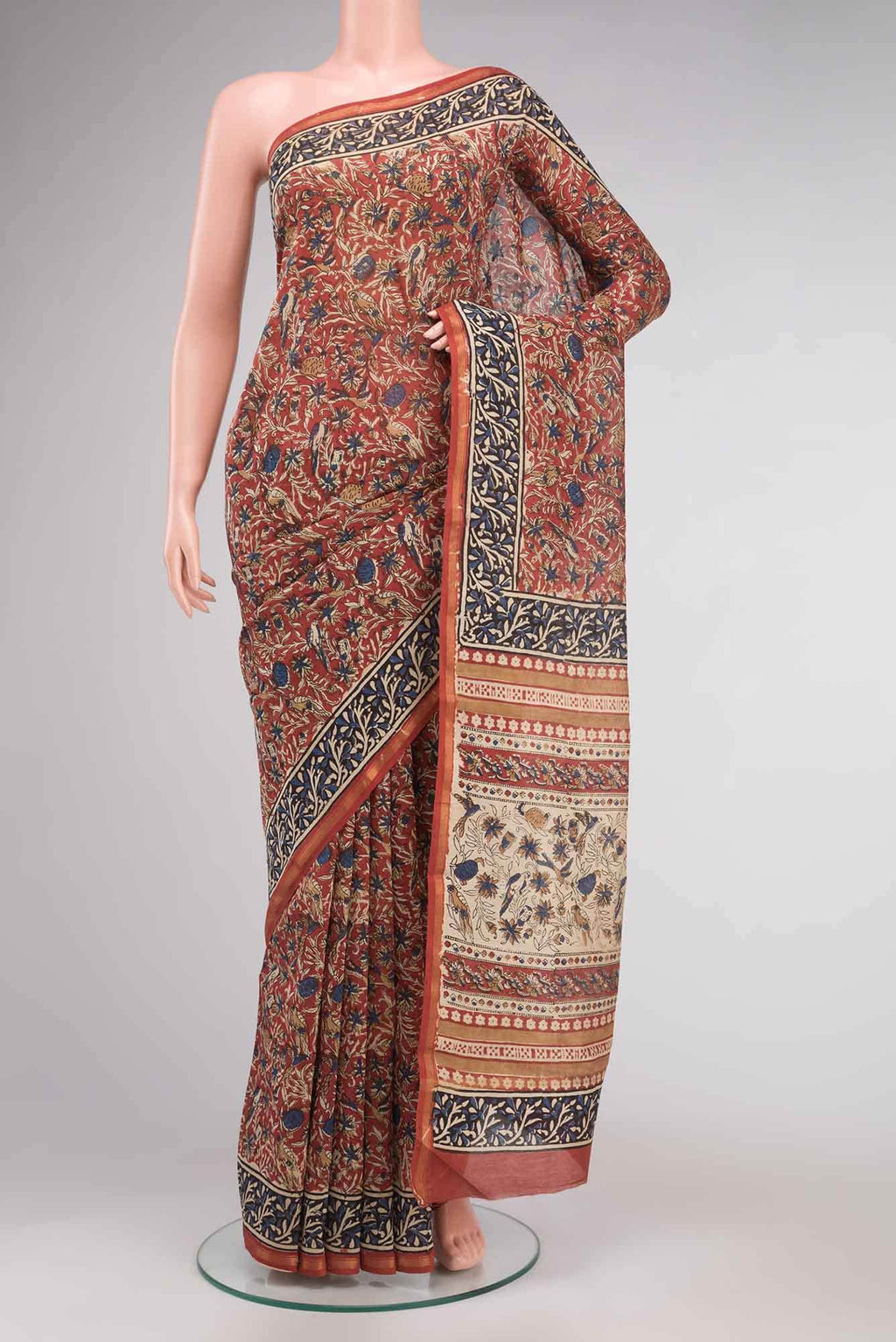 Maroon Kalamkari Print Chanderi Silk Cotton Saree