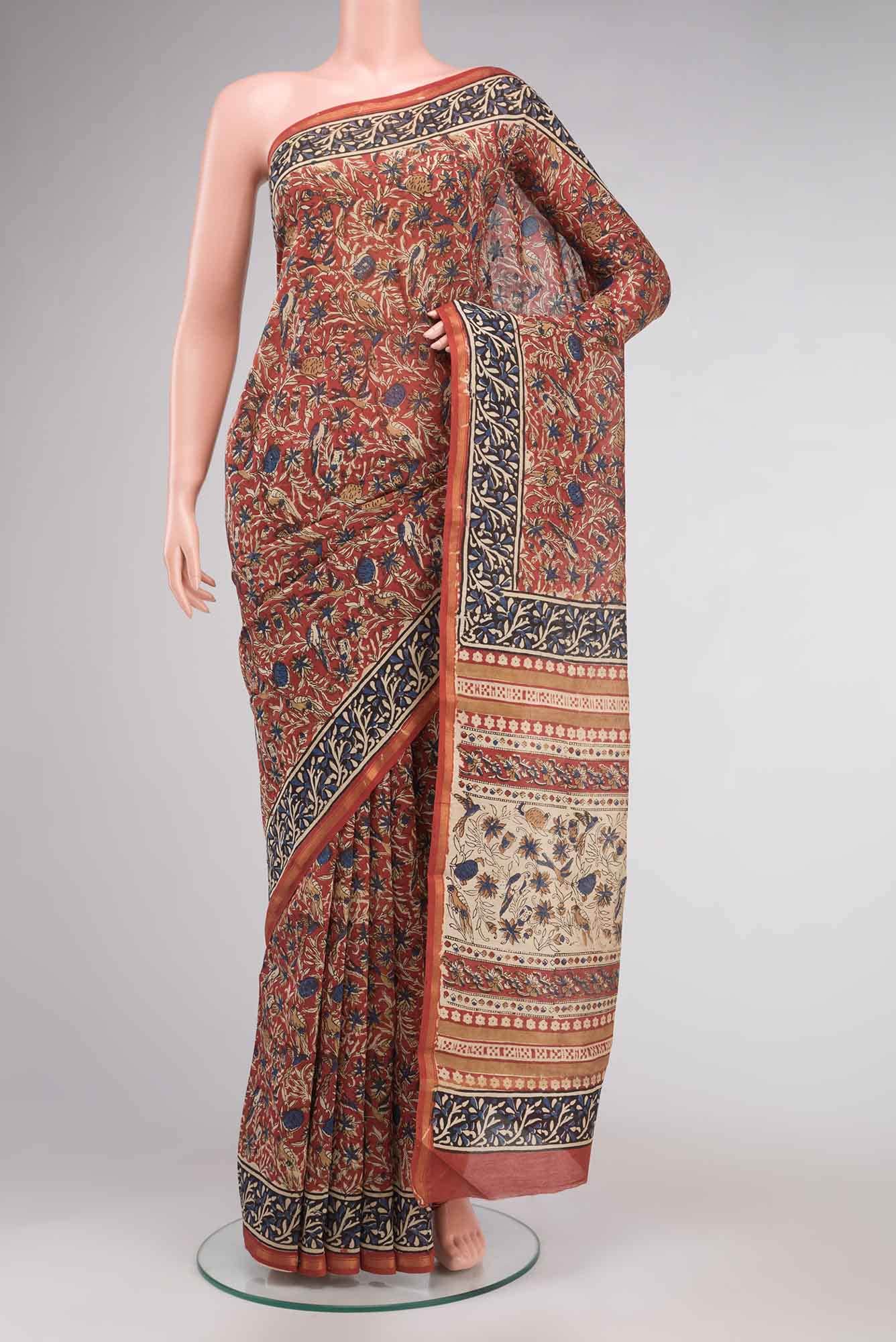 Maroon Kalamkari Print Chanderi Silk Cotton Saree
