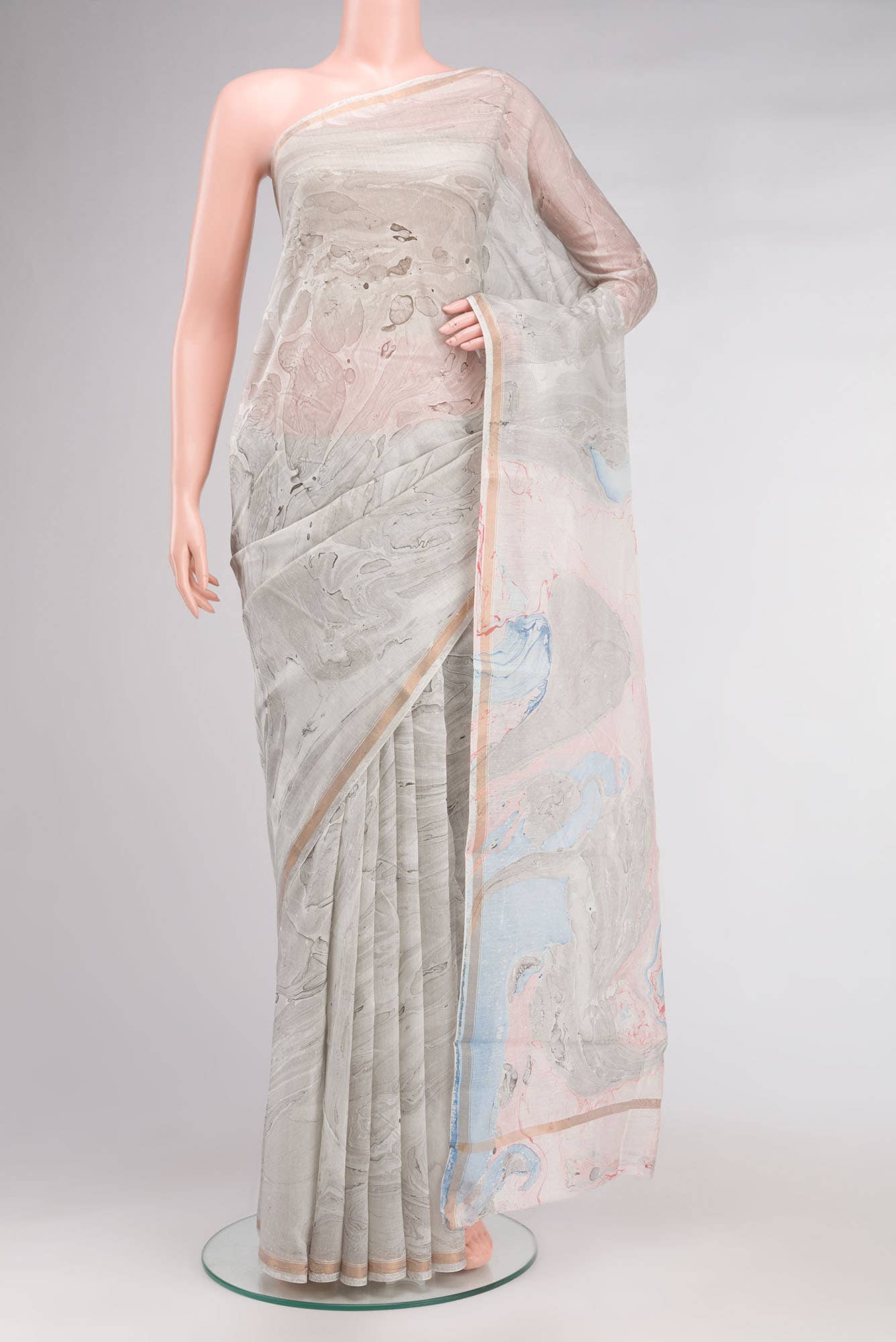 Grey Marble Print Chanderi Silk Cotton Saree