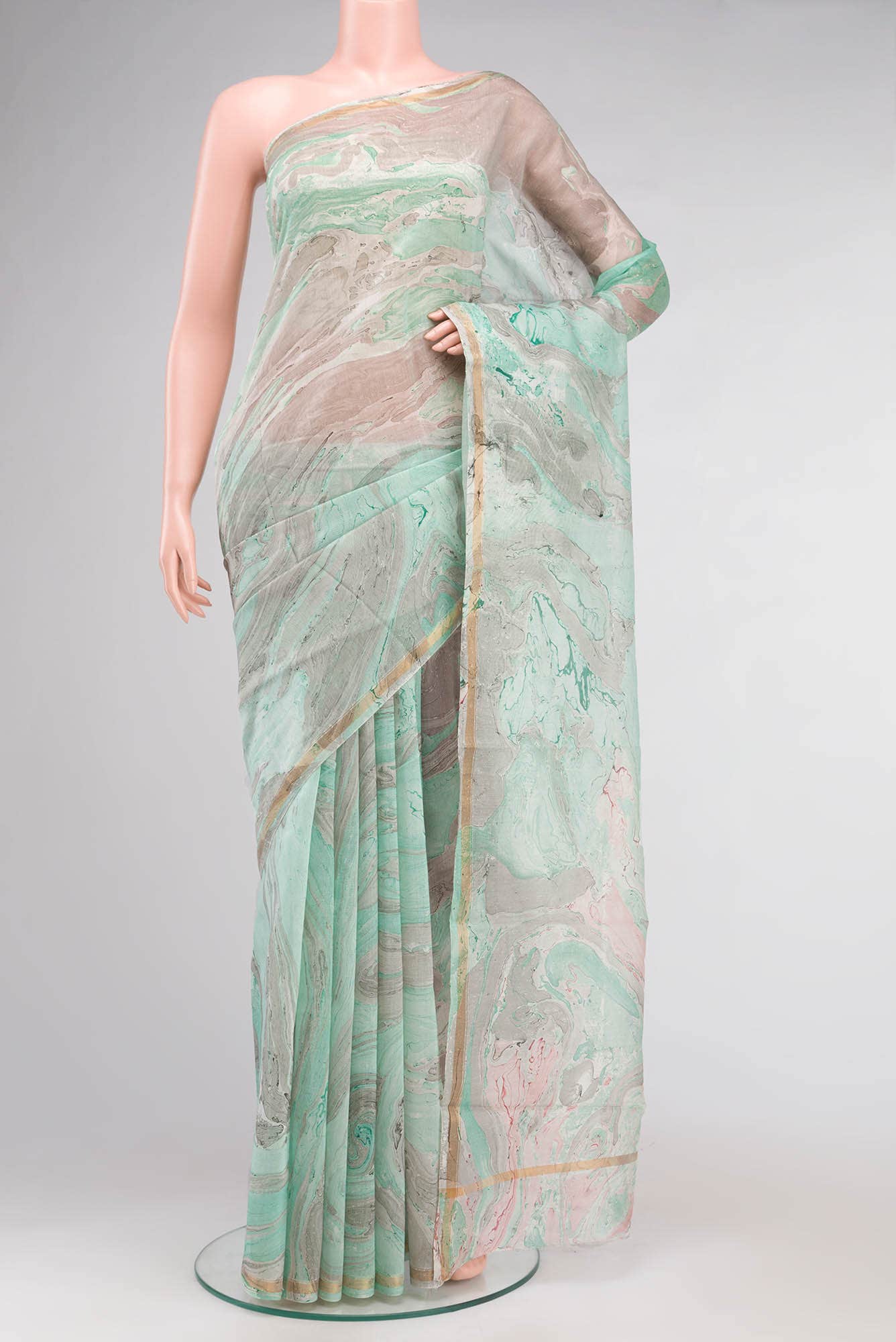 Green Marble Print Chanderi Silk Cotton Saree