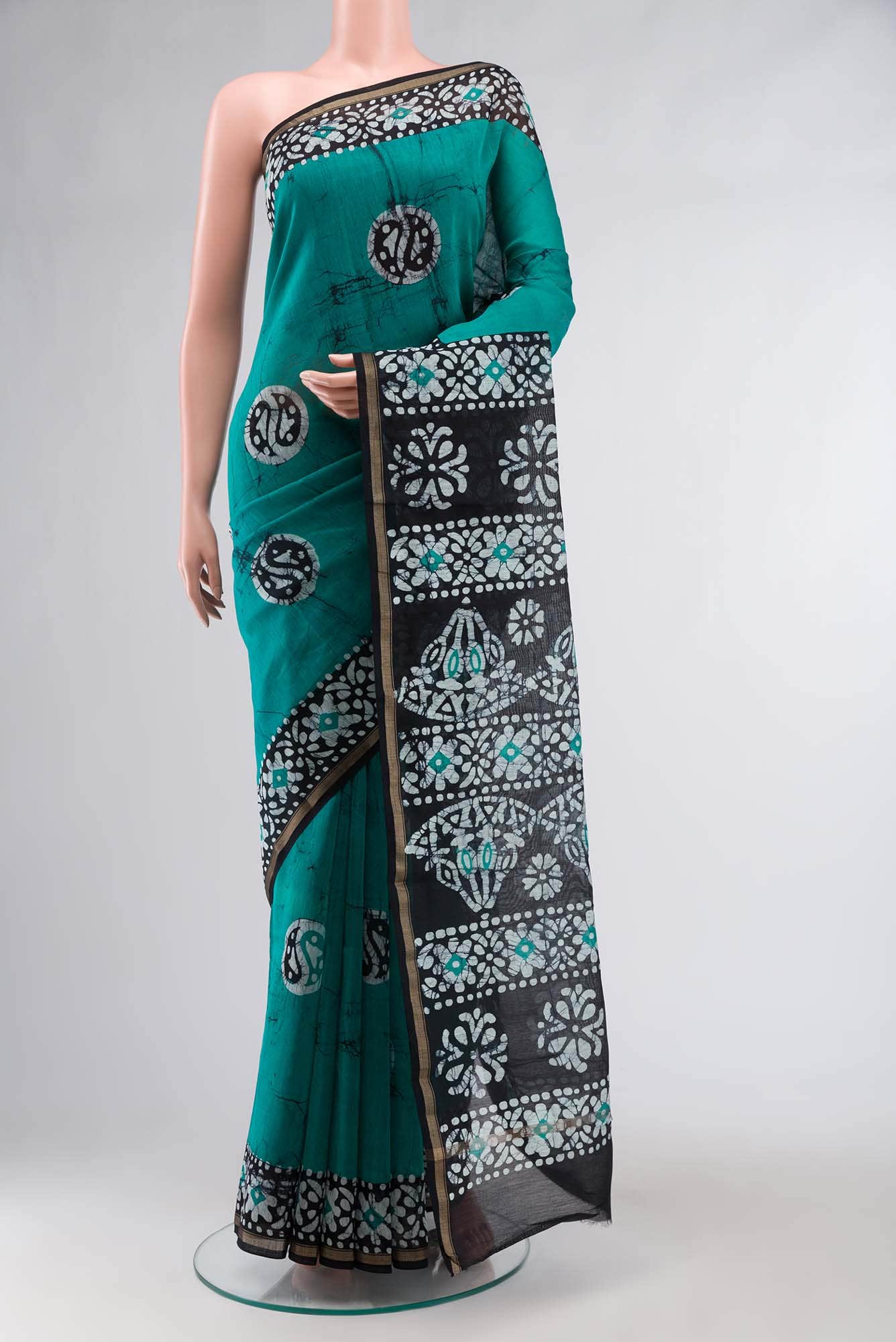 Green Batik Print Chanderi Silk Cotton Saree