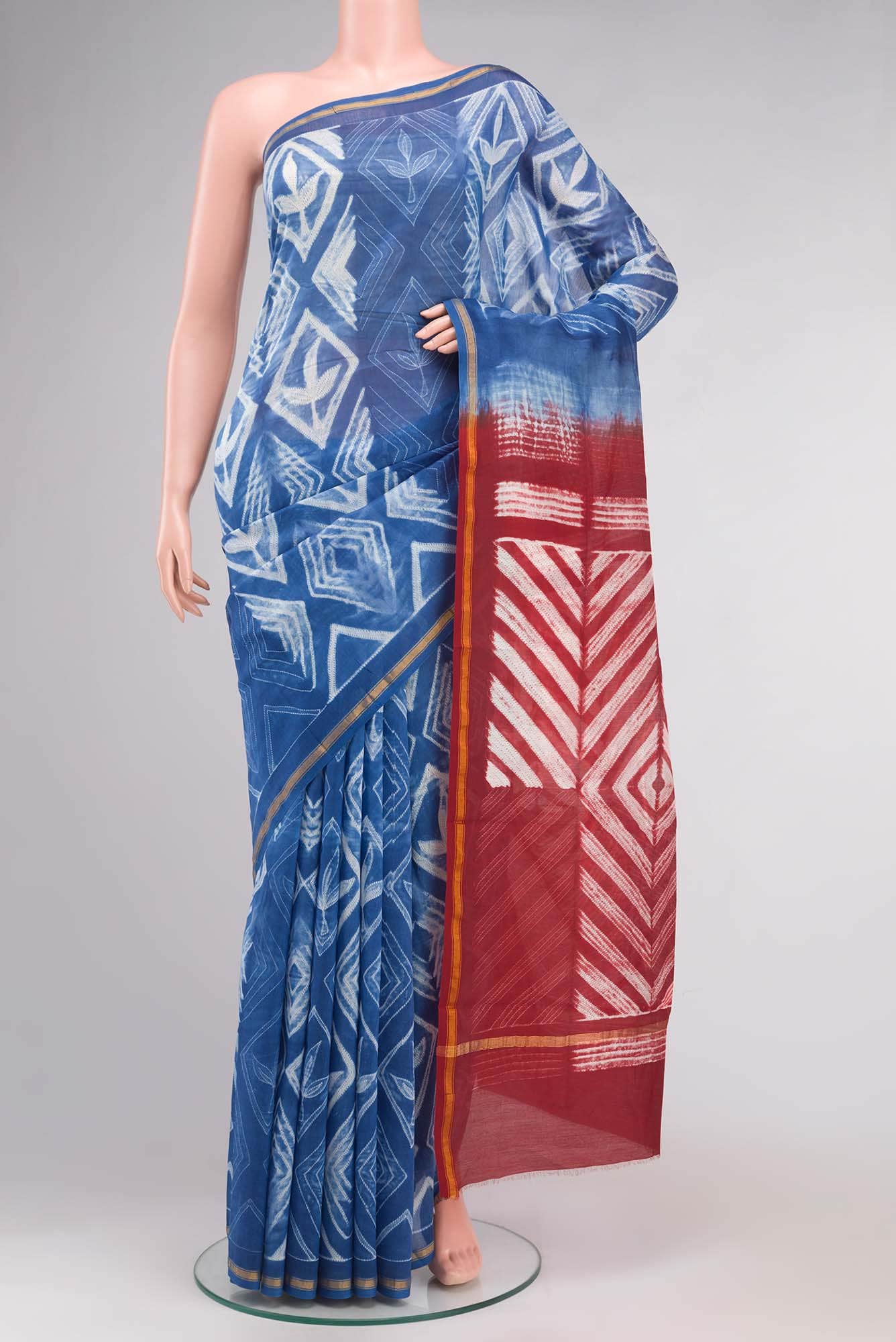 Blue Shibori Print Silk Cotton Saree