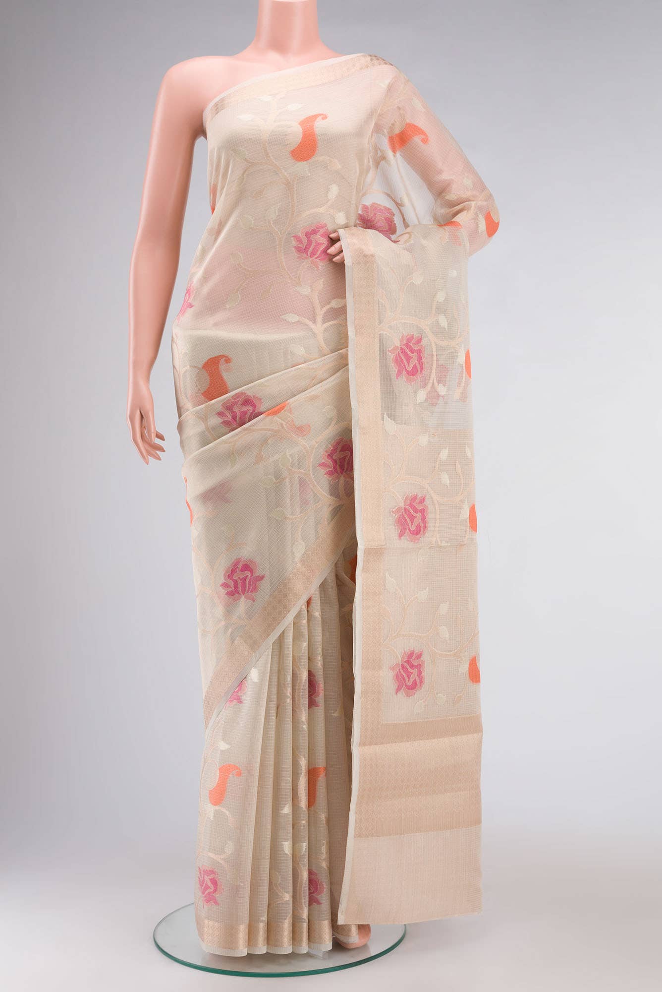 Beige Self Design Kota Cotton Saree with Zari Border
