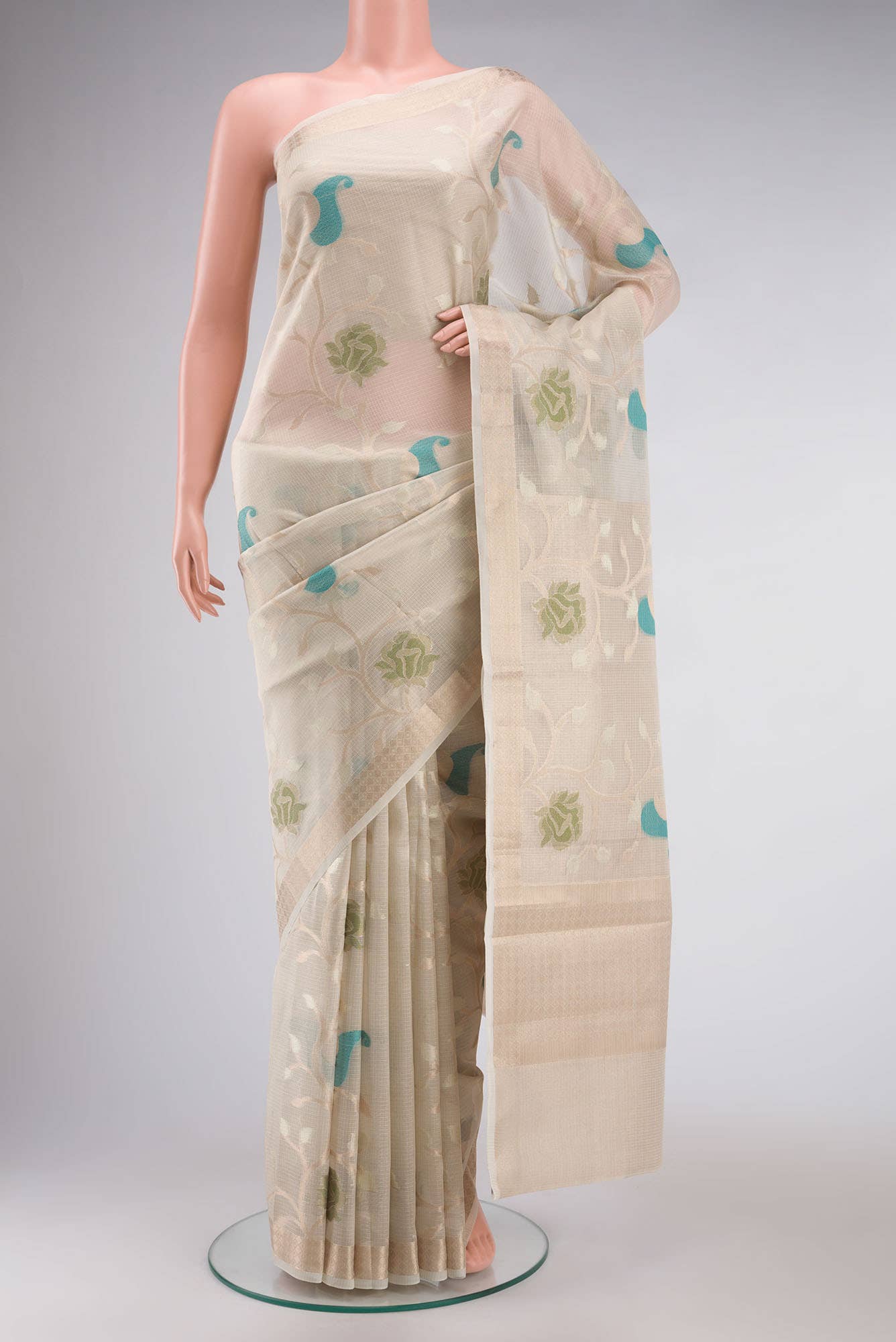 Beige Self Design Kota Cotton Saree with Zari Border