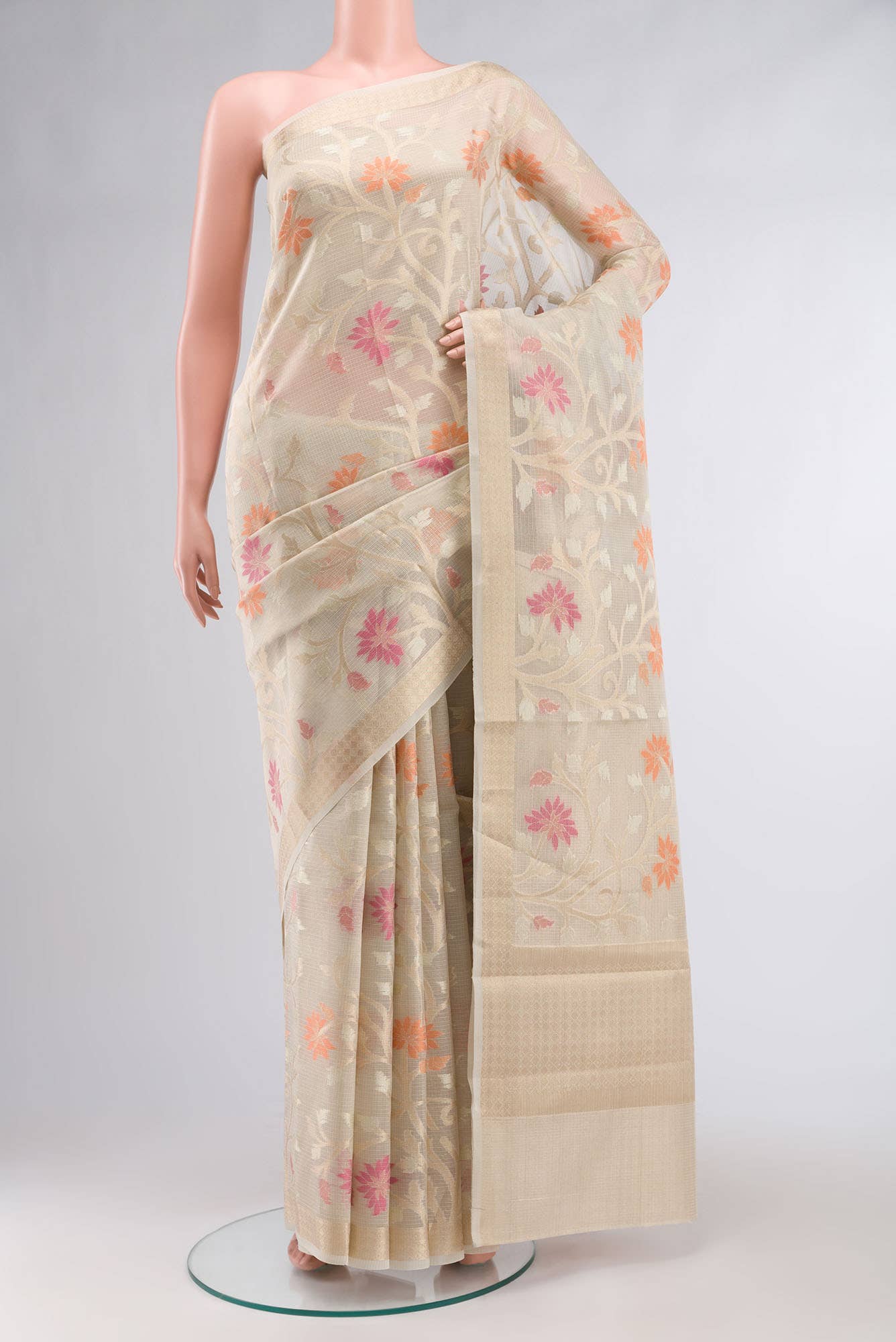 Beige Self Design Kota Cotton Saree with Zari Border