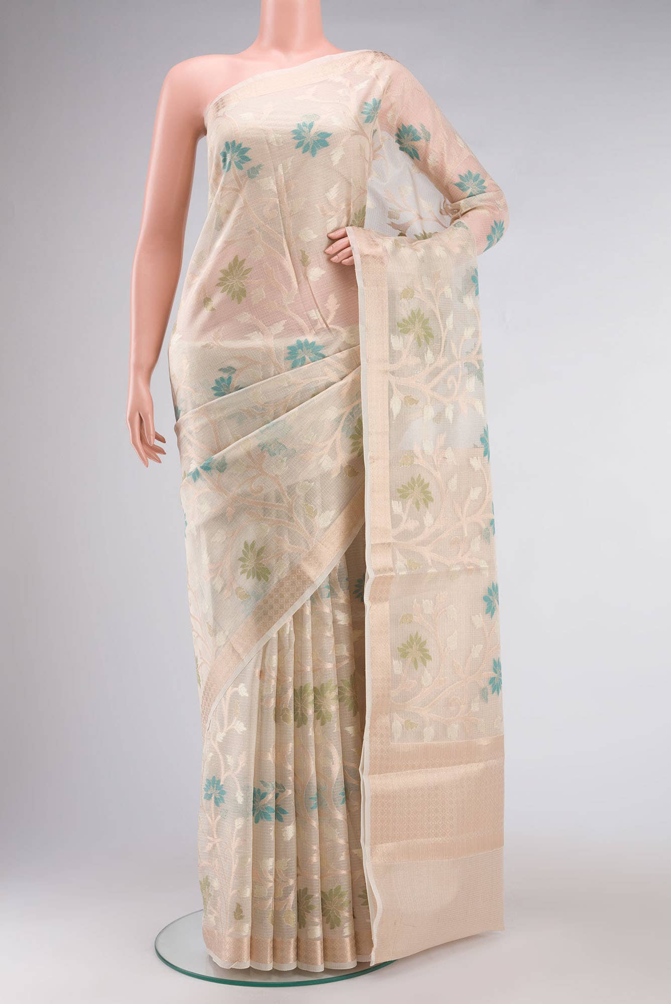 Beige Self Design Kota Cotton Saree with Zari Border