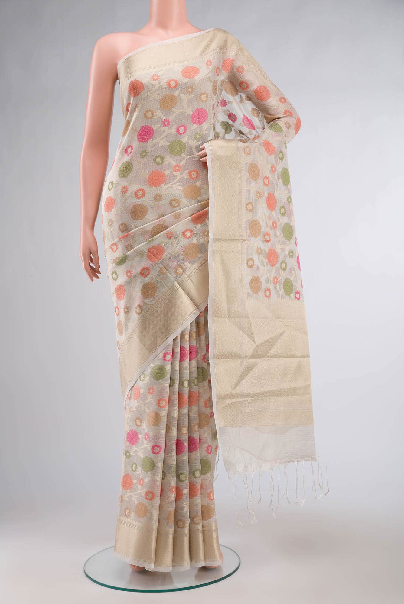 Beige Self Design Kota Cotton Saree with Zari Border