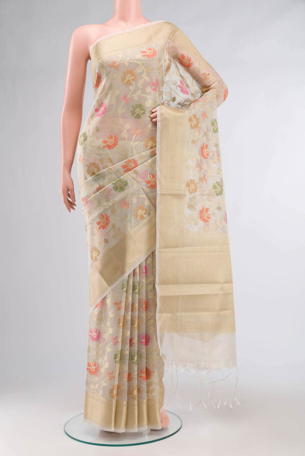 Beige Self Design Kota Cotton Saree with Zari Border