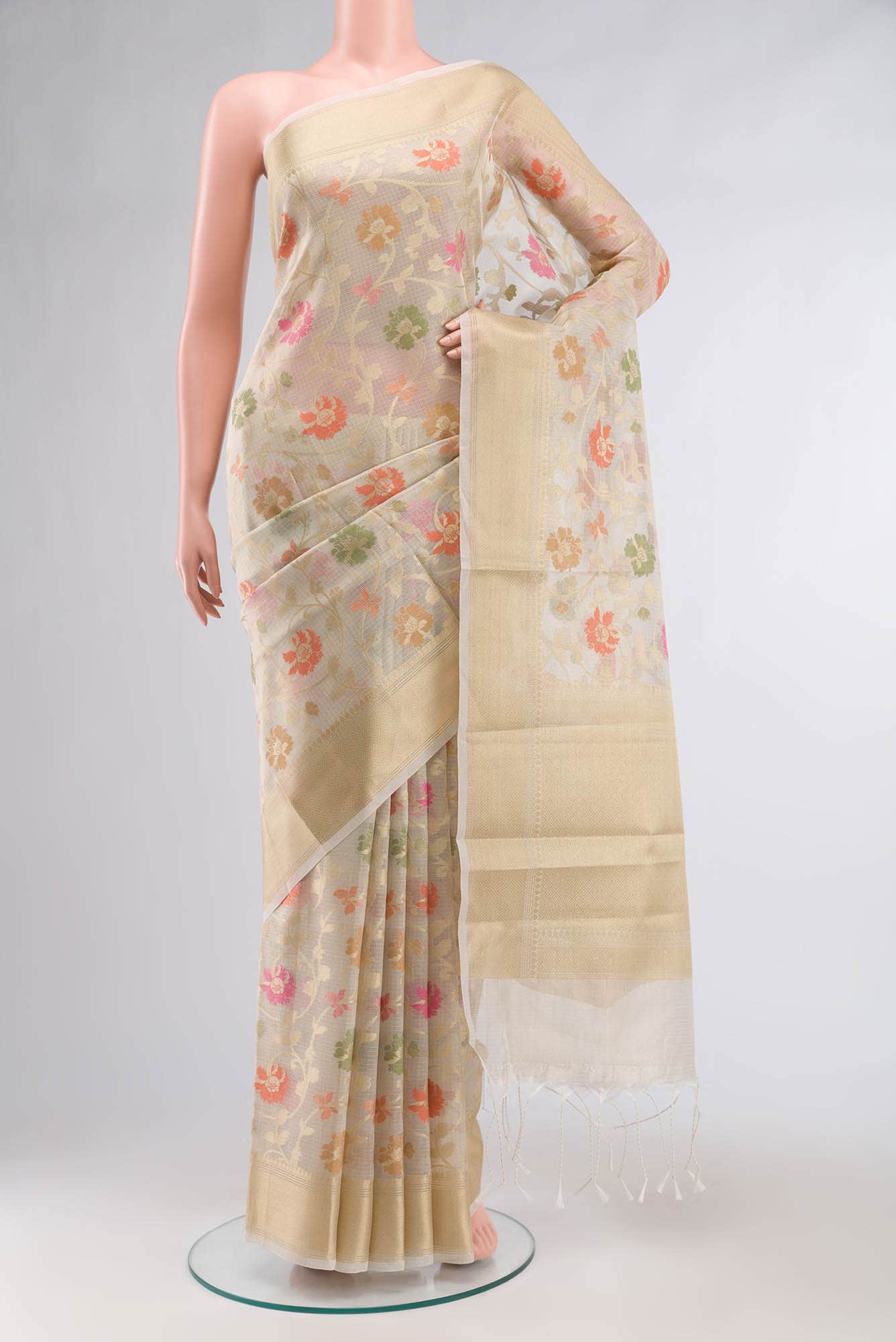 Beige Self Design Kota Cotton Saree with Zari Border