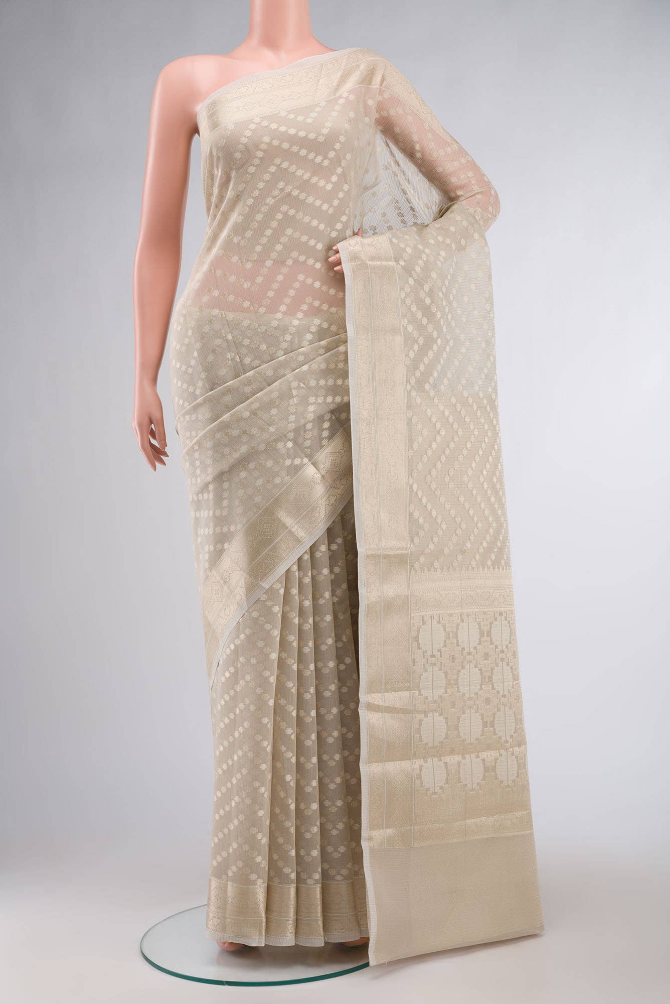 Cream Self Design Kota Cotton Saree with Zari Border