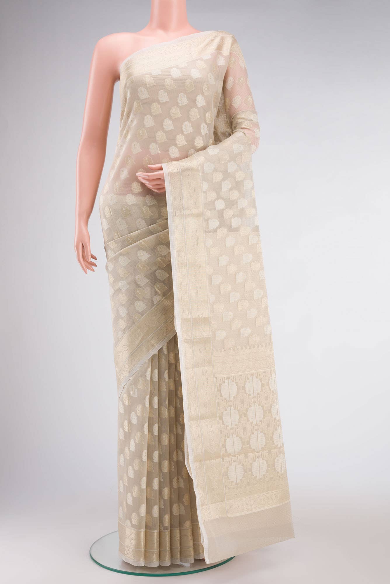 Cream Self Design Kota Cotton Saree with Zari Border