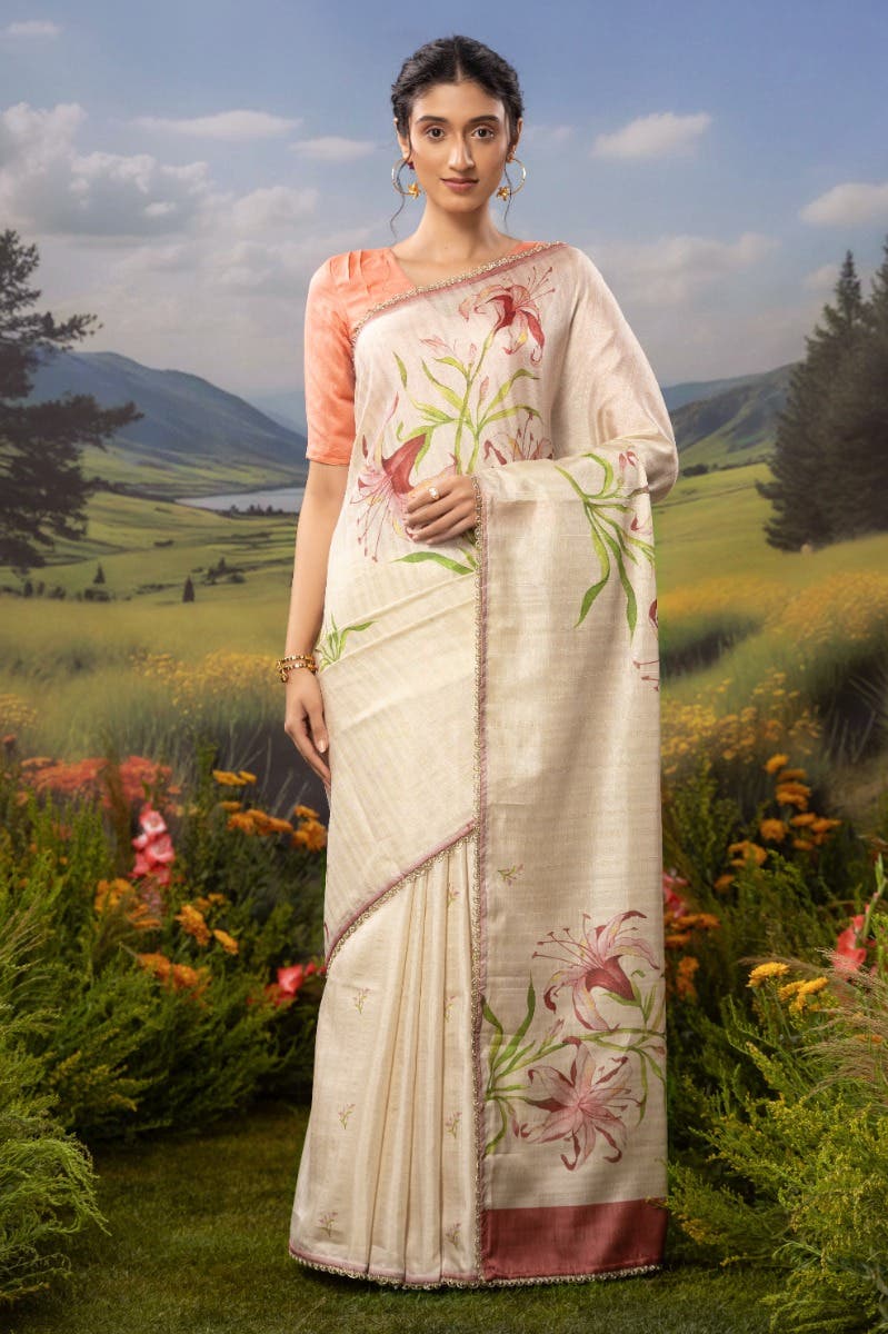 Tempest Lilies-Cream Tussar Silk Saree