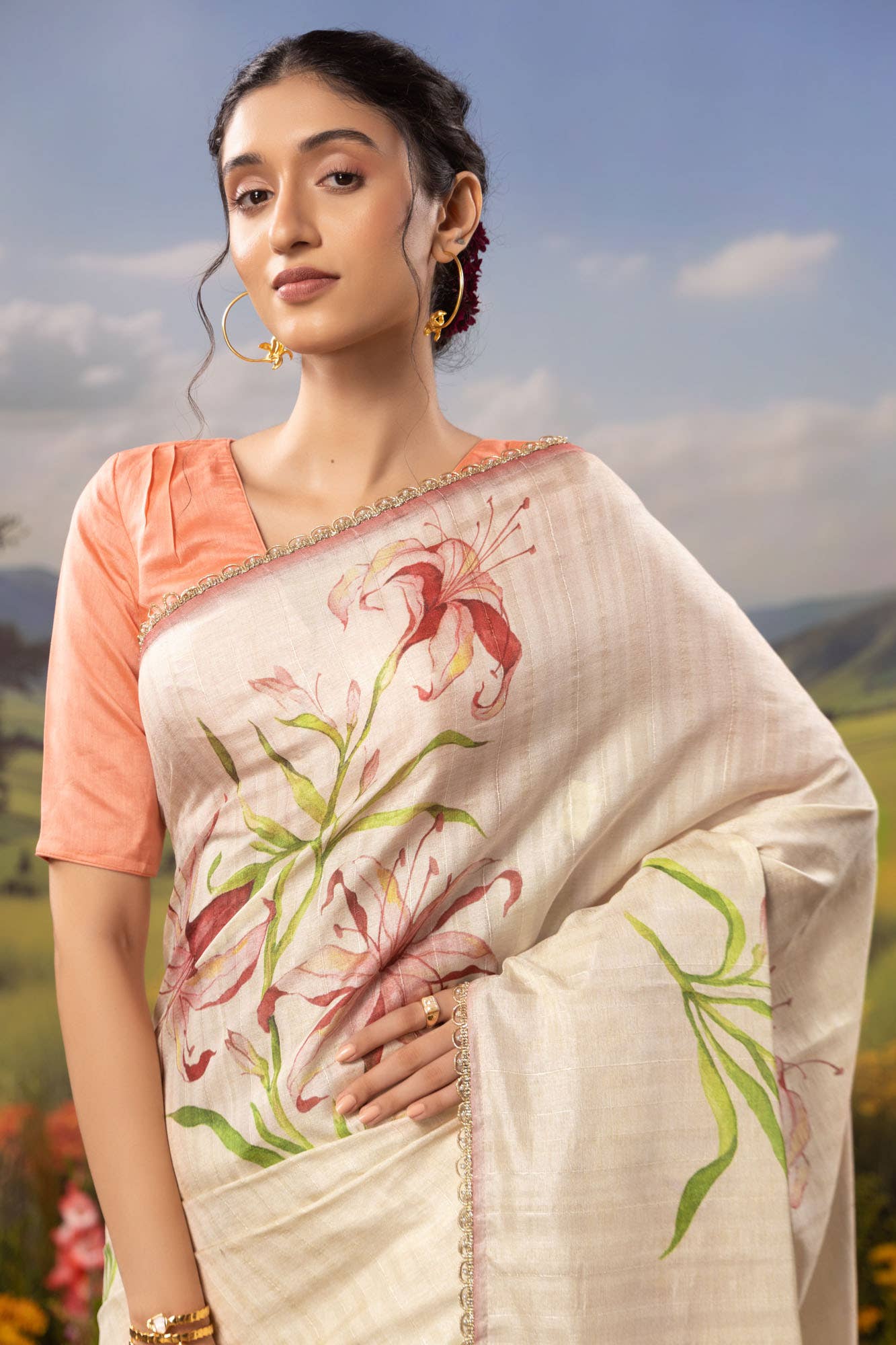 Tempest Lilies-Cream Tussar Silk Saree