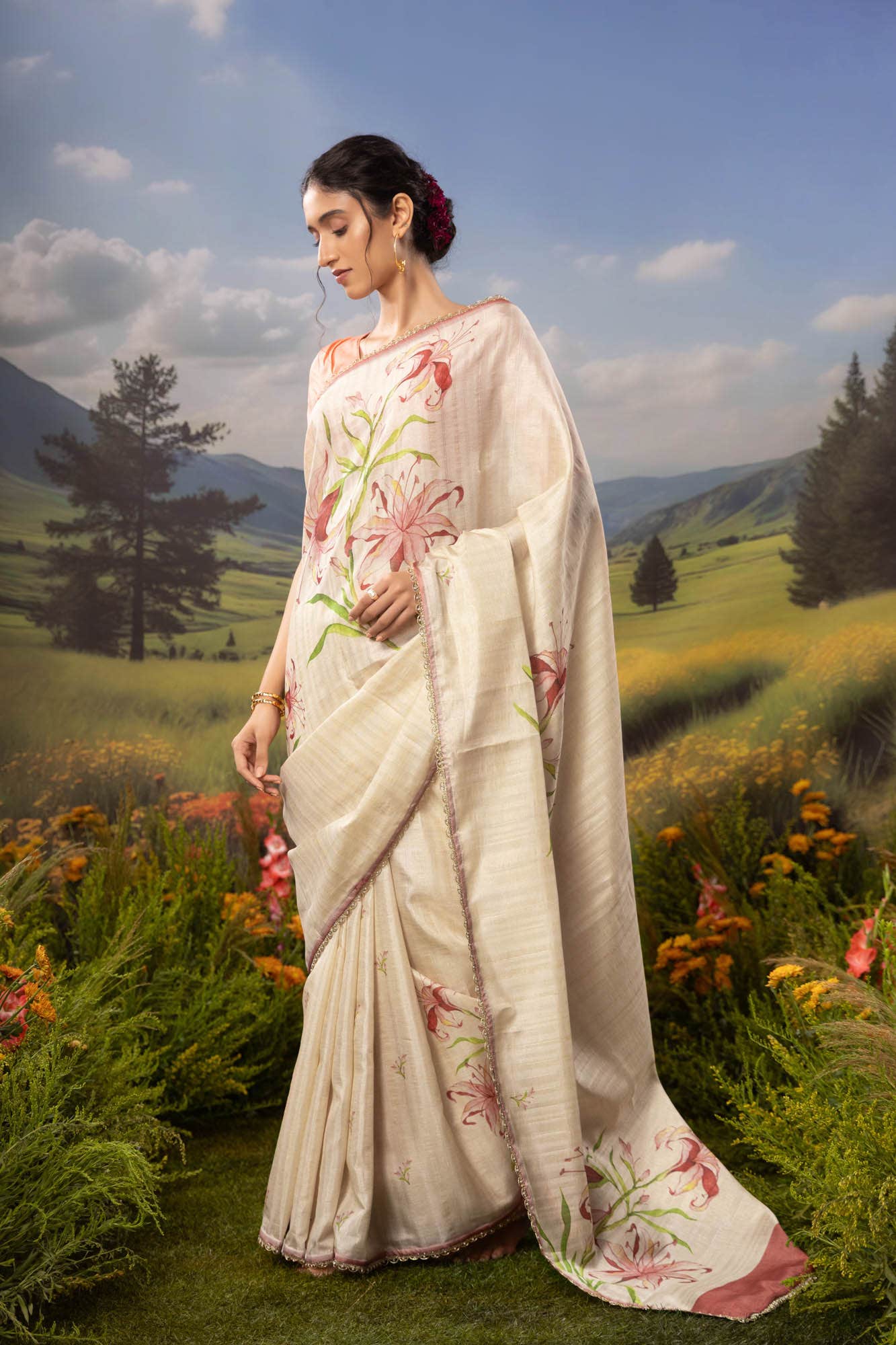 Tempest Lilies-Cream Tussar Silk Saree
