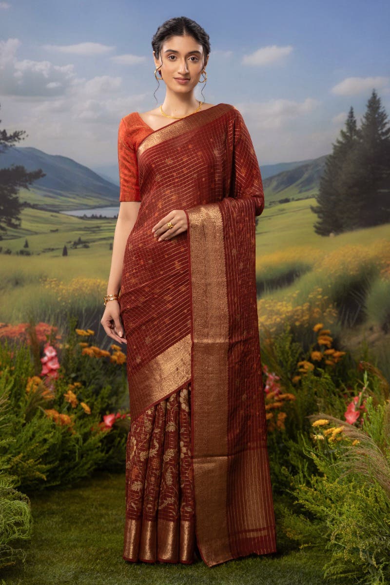 Ember-Red Organza Silk Saree