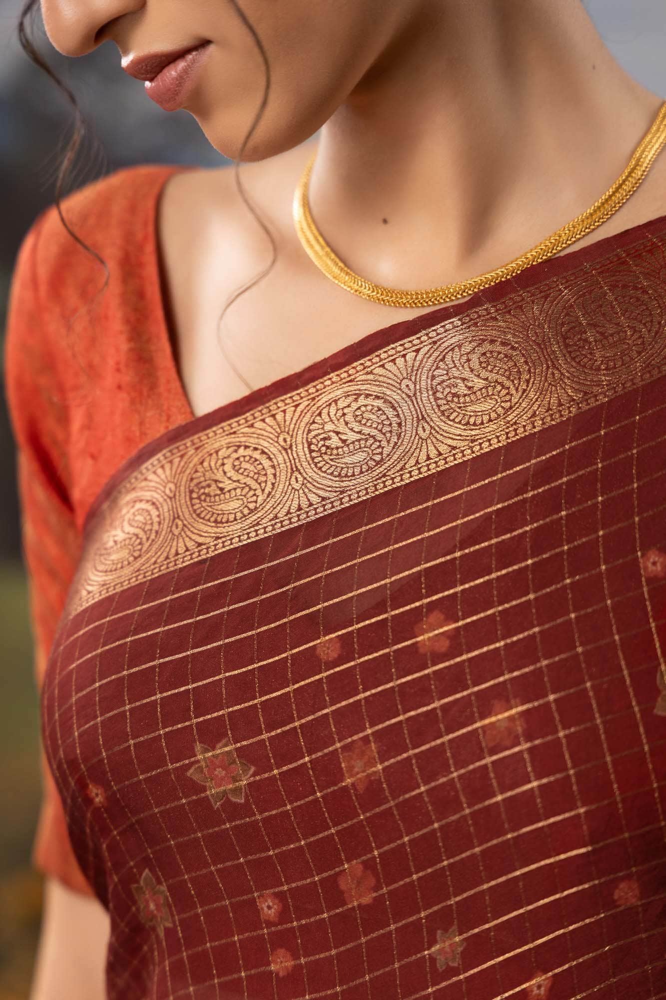 Ember-Red Organza Silk Saree