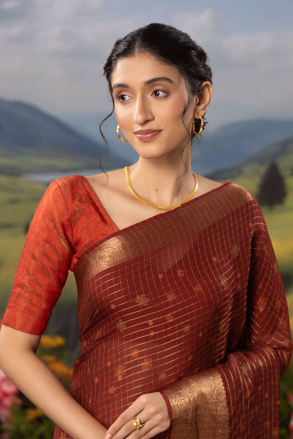 Ember-Red Organza Silk Saree