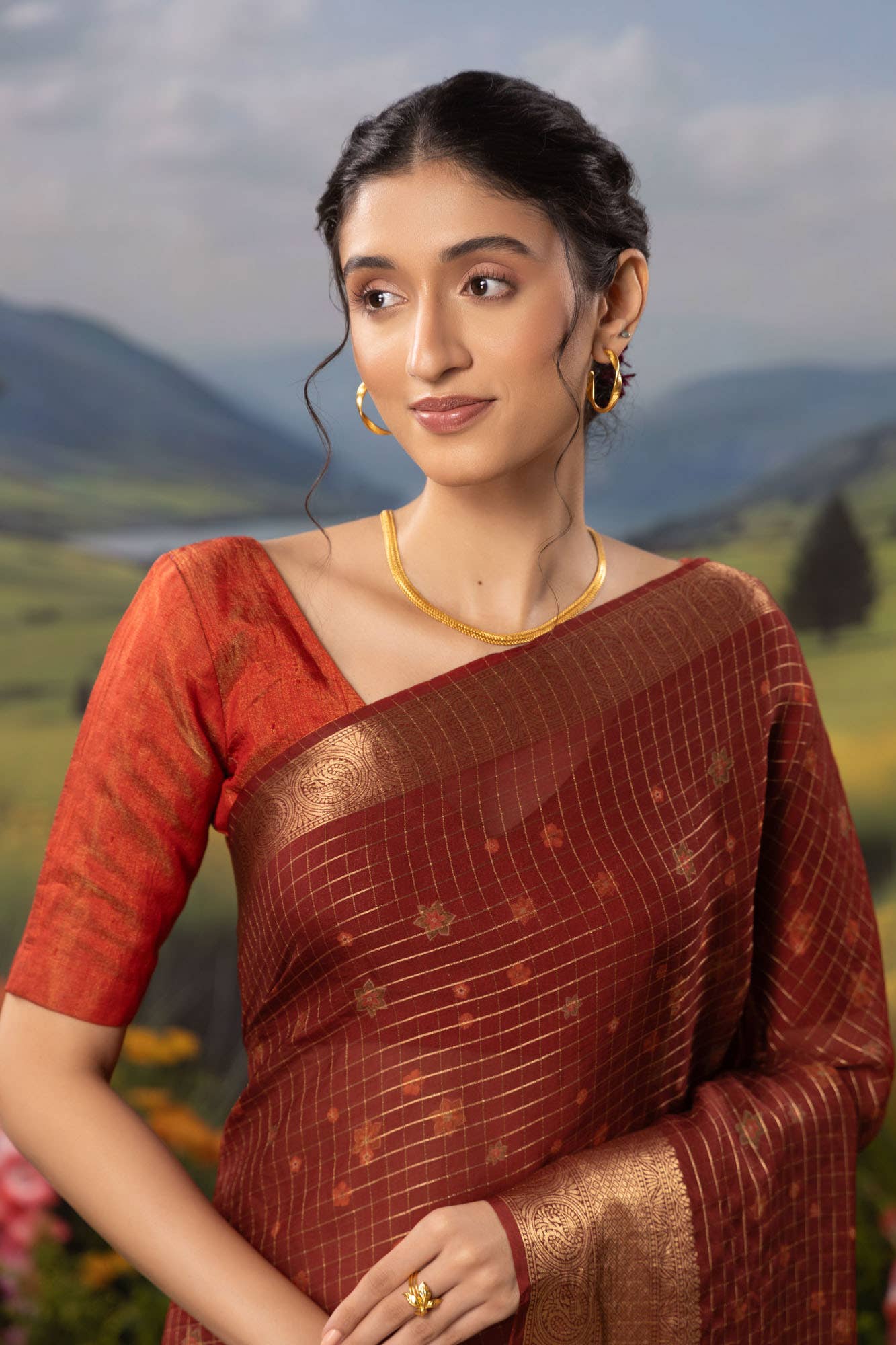 Ember-Red Organza Silk Saree