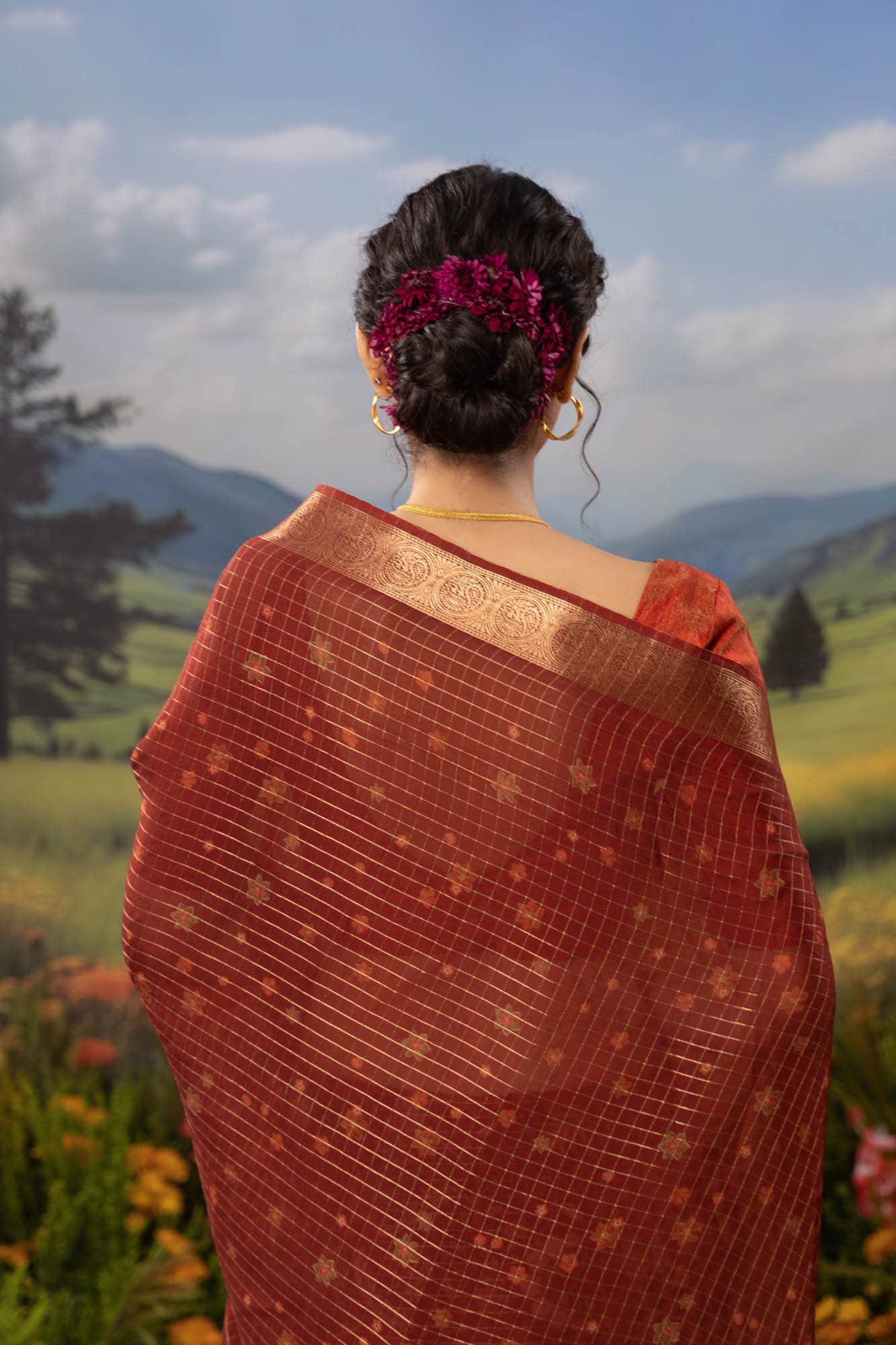 Ember-Red Organza Silk Saree
