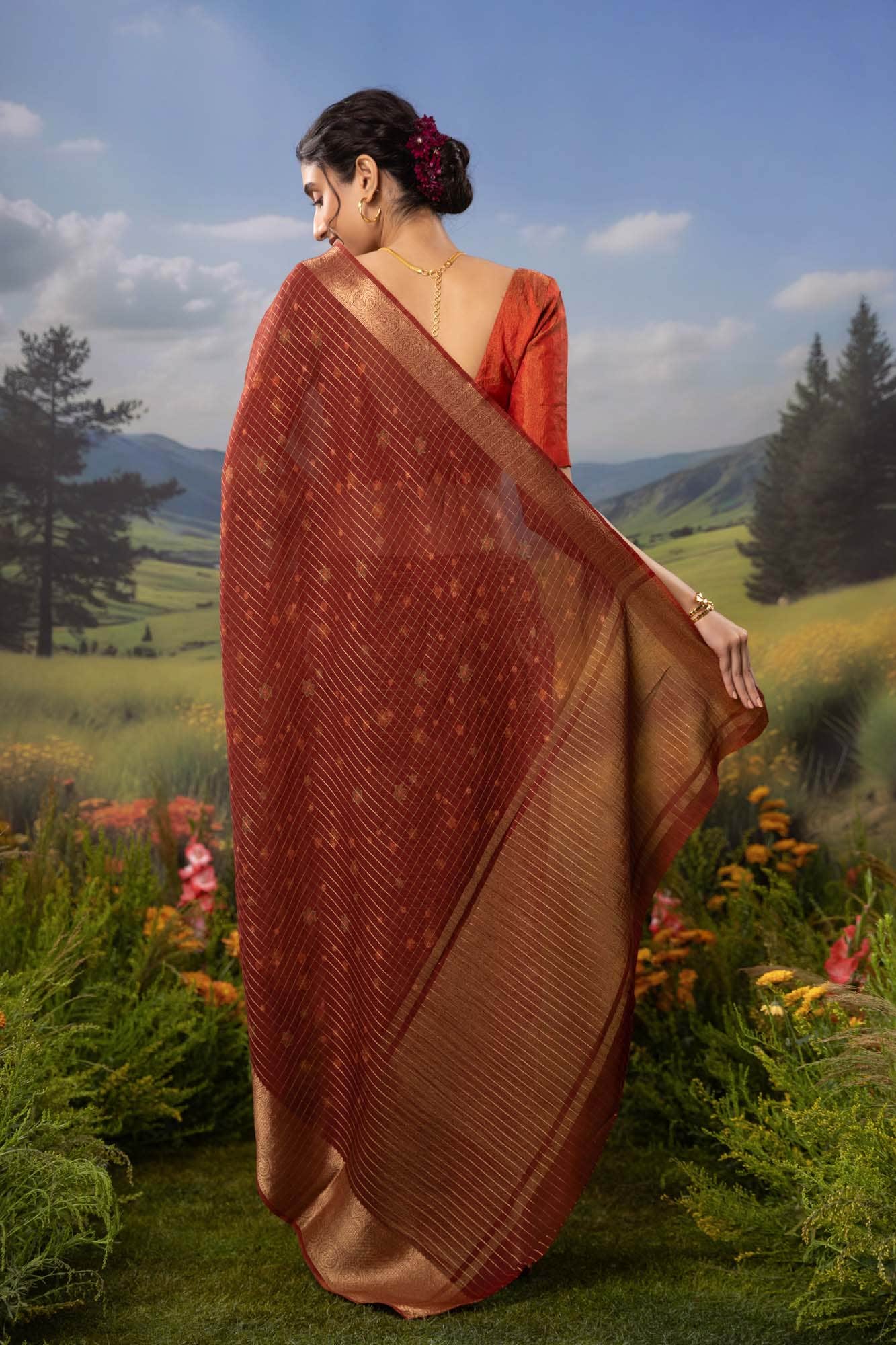 Ember-Red Organza Silk Saree