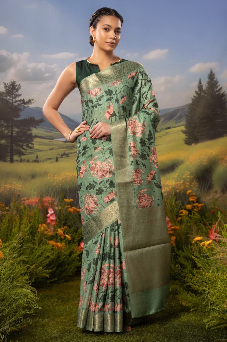 Bed of Flowers-Green Tussar Silk Saree