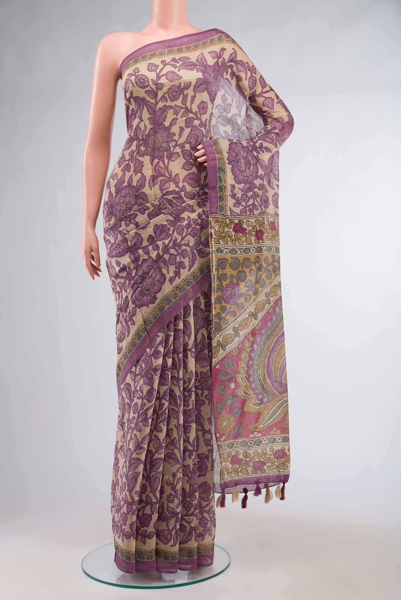Beige Blended Tussar Silk Saree