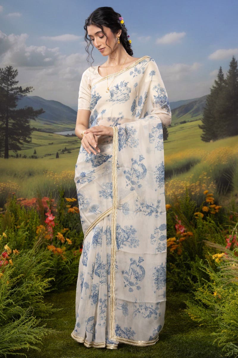 Blue Forest-White Organza Silk Saree